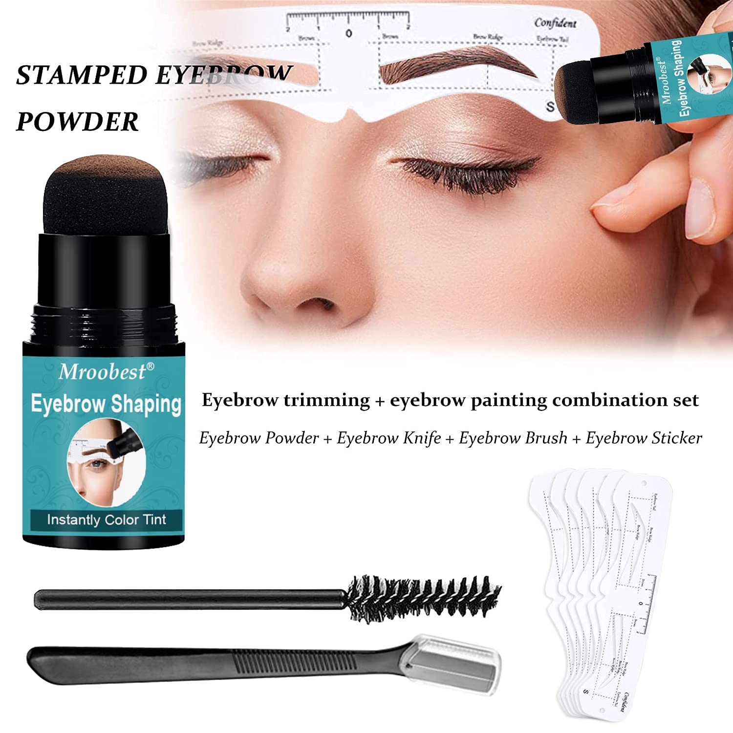 Eyebrow Stamp Stencil Kit, One Step Brow Stamp Shaping Kit, Eyebrow Definer, with 6 Reusable Eyebrow Stencils, Hairline Shadow Powder Stick
