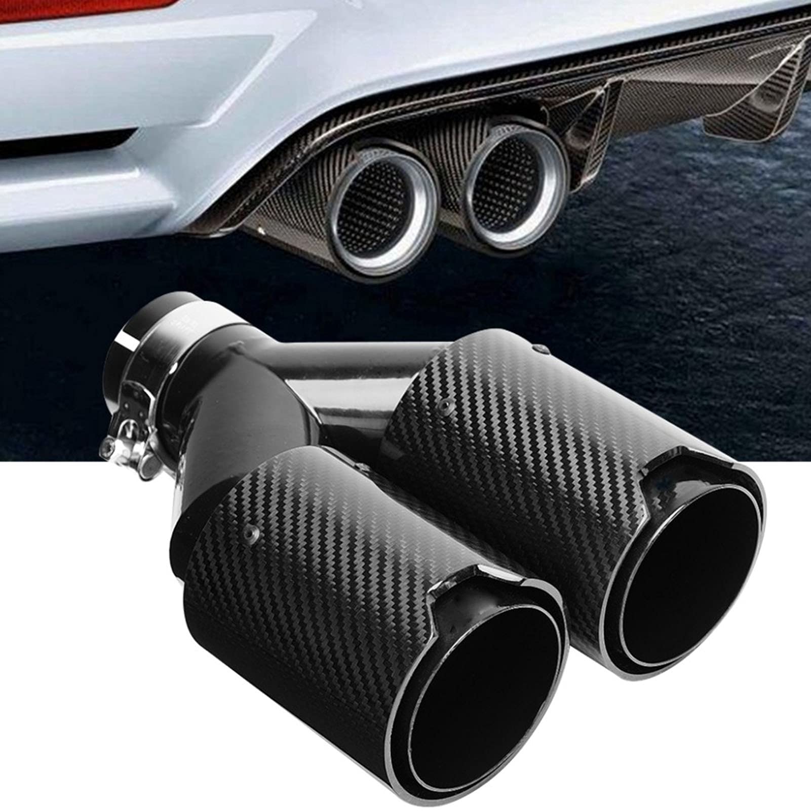 Embout d'échappement en Y Double Sortie 63-93mm Côté Gauche Carbone Aspect Noir Mat Acier Inoxydable
