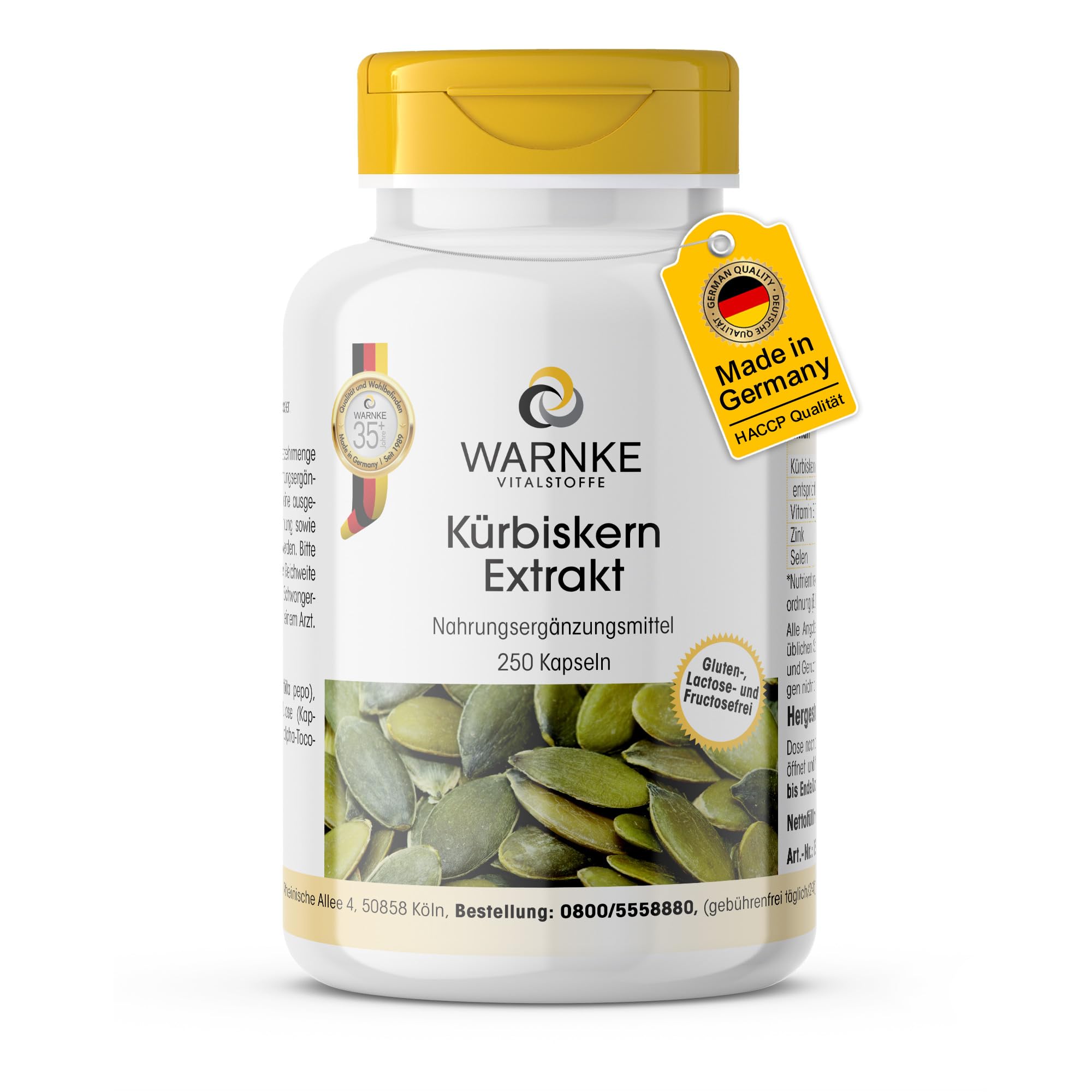Warnke Gesundheitsprodukte Kürbiskern Extrakt (10:1) 500 mg mit nat. Vitamin E und Selen, 250 Kapseln, Großpackung, 1er Pack (1 x 190 g)
