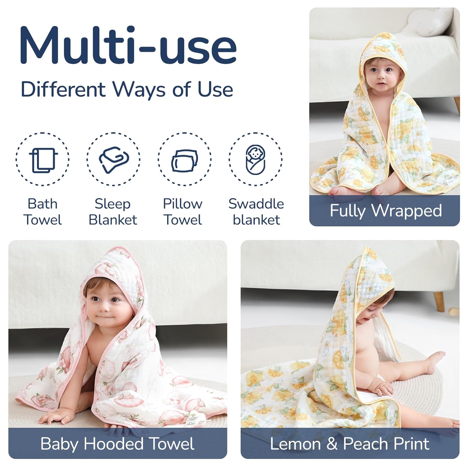 Baby Hooded Towel 2 Pack, Ultra Absorbent & Soft Muslin Baby Towel - 32 x 32 Inches, Baby Bath Towel for Newborns, Infants & Toddlers, Ideal for Bath Time, Pool & Beach
