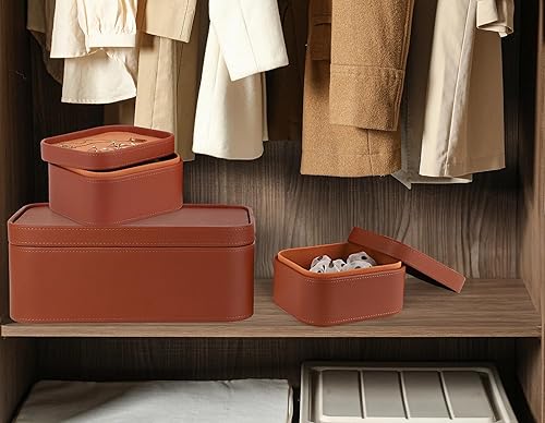 Miniatura 5 de HofferRuffer Cajas de almacenamiento decorativas de piel sintética, cestas de almacenamiento a prueba de polvo con tapas y bandejas, contenedores de