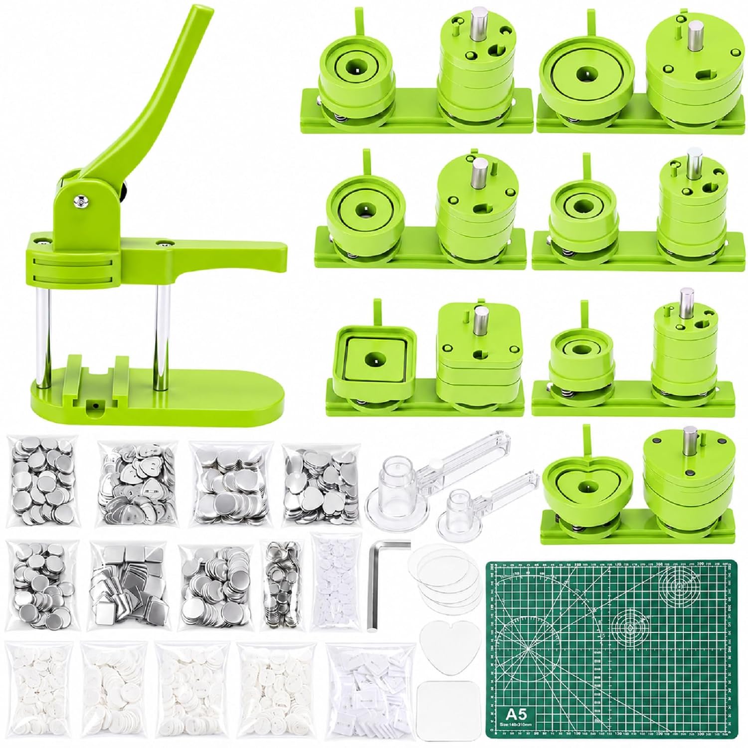 Multi-Size Button Maker Machine Kit with 7 Sizes Dies, 700 Button Supplies, Round Square Heart Paper Cutters and A5 Gasket for DIY Custom Pins, Crafts