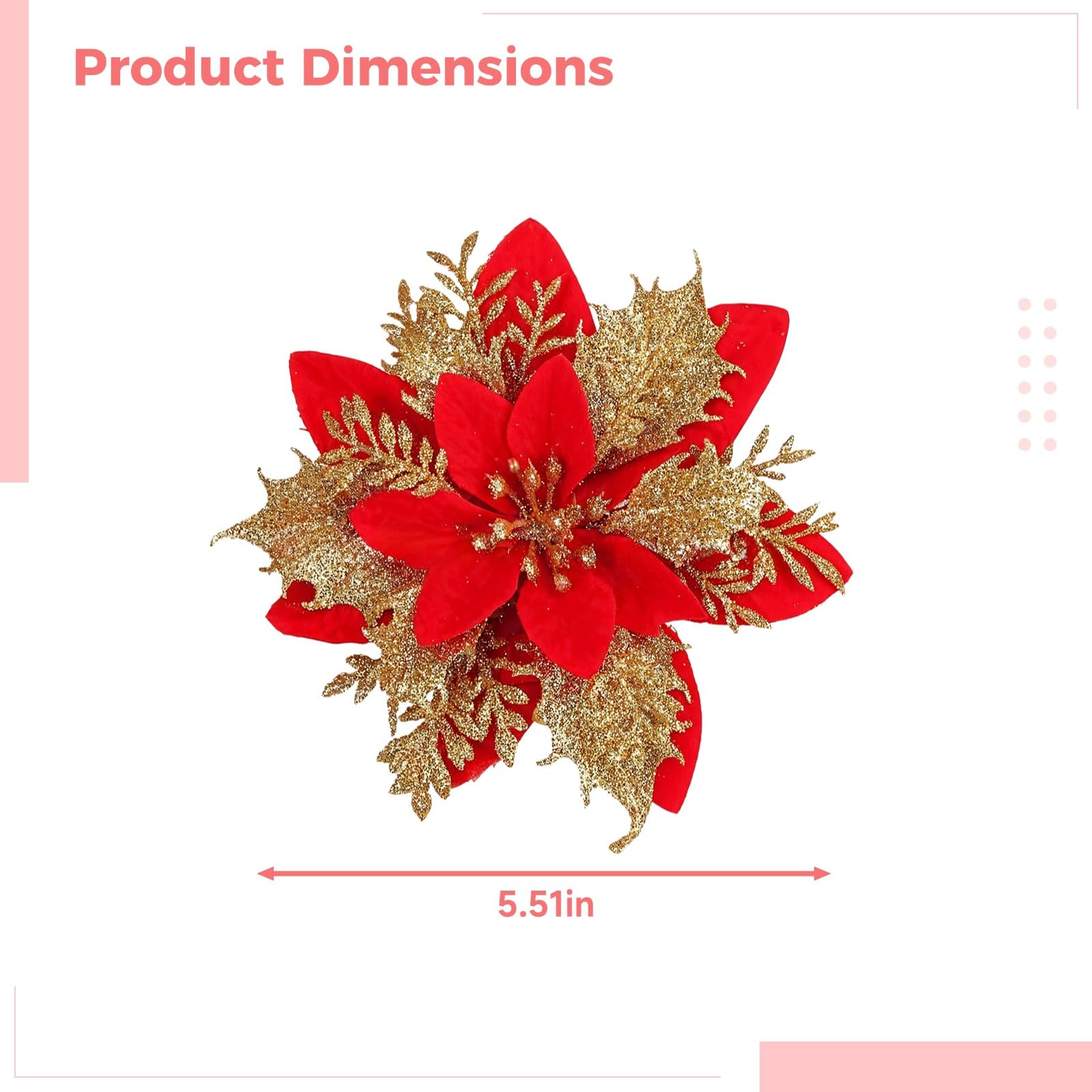 30 adornos de flor de Pascua roja con purpurina, flores artificiales de 5.5 pulgadas con hojas doradas, clips para árboles de Navidad, coronas, decoración navideña