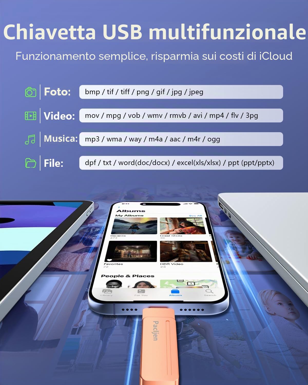 Chiavetta USB 512GB,3 in 1 Pendrive USB C - [MFi Certified],Rosa | Protezione Password,Velocità di Trasferimento Elevata,Memoria Esterna USB 3.0 con iOS Android PC Tablet per il Lavoro/Viaggi