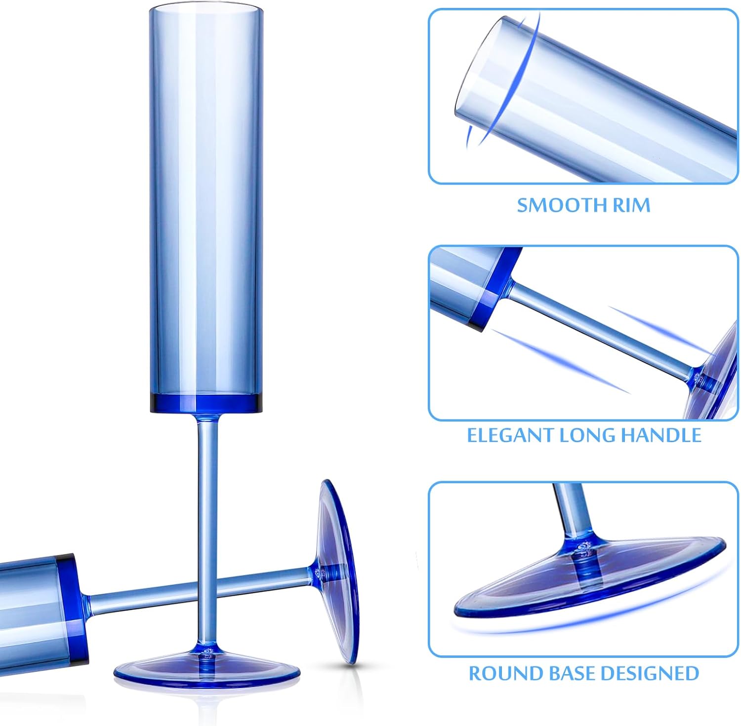 24 PCS Sapphire Blue Plastic Champagne Flutes 5.4 OZ Clear Acrylic Champagne Flutes Sparkling Wine GlassesLong Stem Crystal Champagne Glasses For Wedding Baby Shower Anniversary Birthday - Image 3