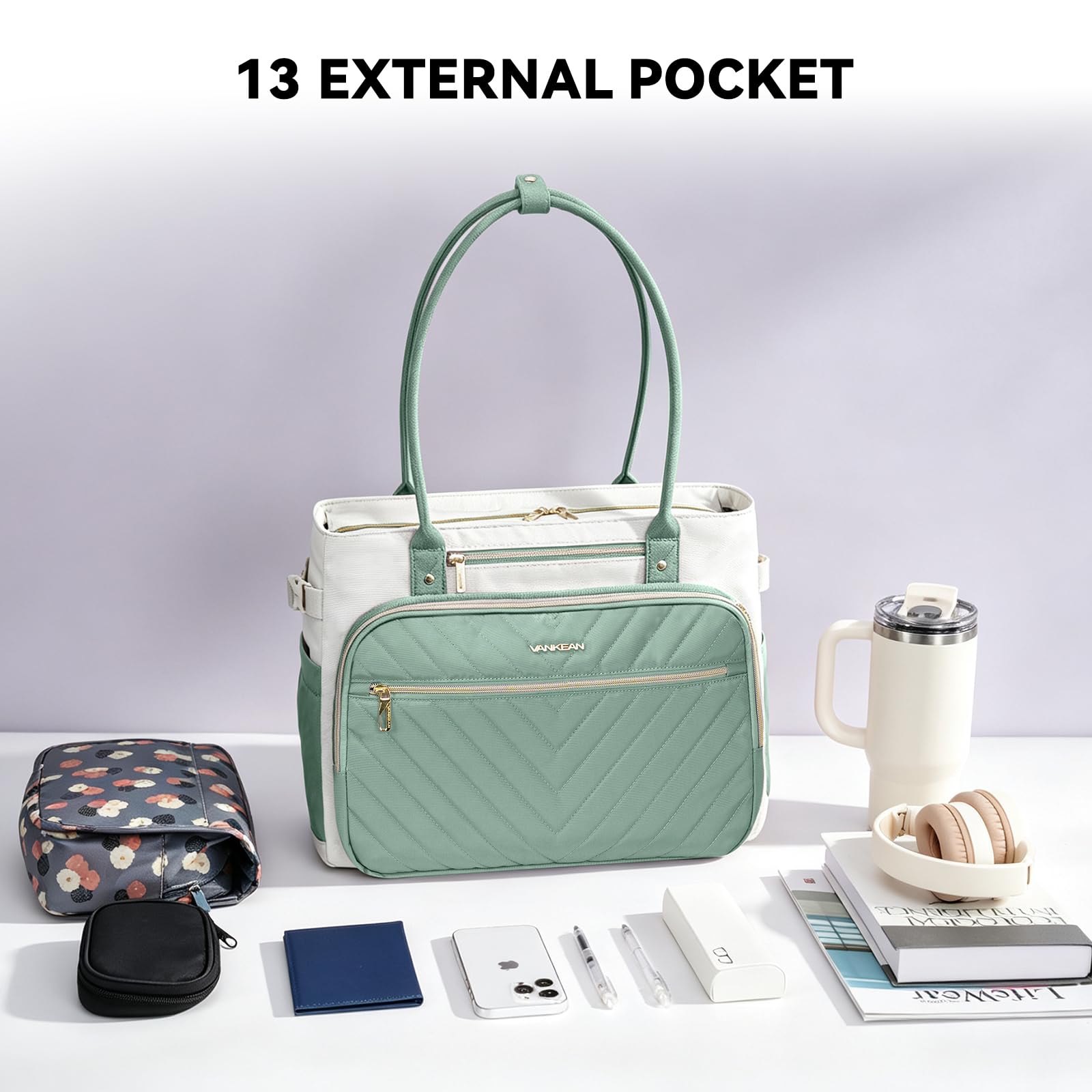 VANKEAN Borsa per laptop da donna, 15,6 pollici, borsa da lavoro impermeabile, borsa a tracolla per computer, borsa grande per lavoro, viaggi d'affari, beige/verde chiaro