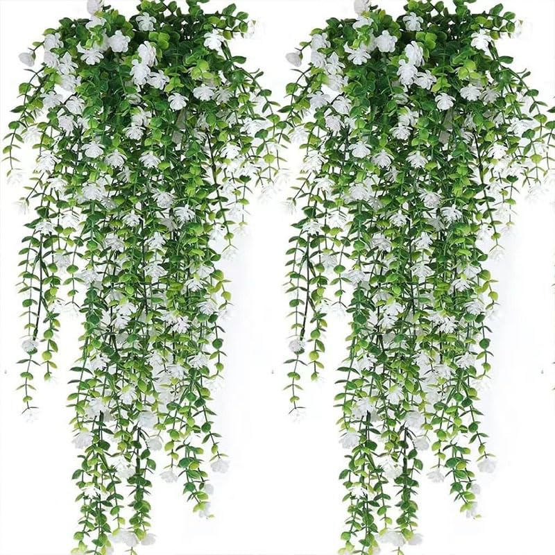 6Pcs Artificial Hanging Plants Fake Hanging Plant Faux Eucalyptus Leaf Greenery Vine Outdoor UV Resistant Plastic Plants Home Garden Wedding Party Indoor Outdoor Decorations (White)