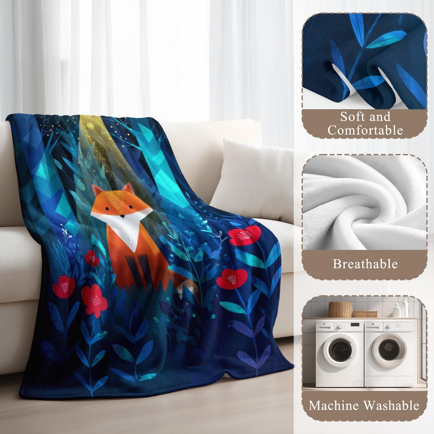 Flanelowy koc w kratę 150 cm x 180 cm grube jesienne koce polarowe, kreskówka minimalistyczny tajemniczy naturalny geometryczny las zwierzęta miękki lis lekkie koce