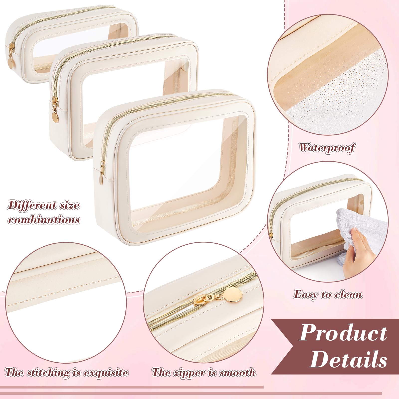 12 sacchetti trasparenti per trucchi con chiusura lampo, 3 misure, in PVC, impermeabili, per donne, matrimoni, spose, fai da te, regali, viaggi, vacanze, aeroporto, bianco, Borse per trucchi