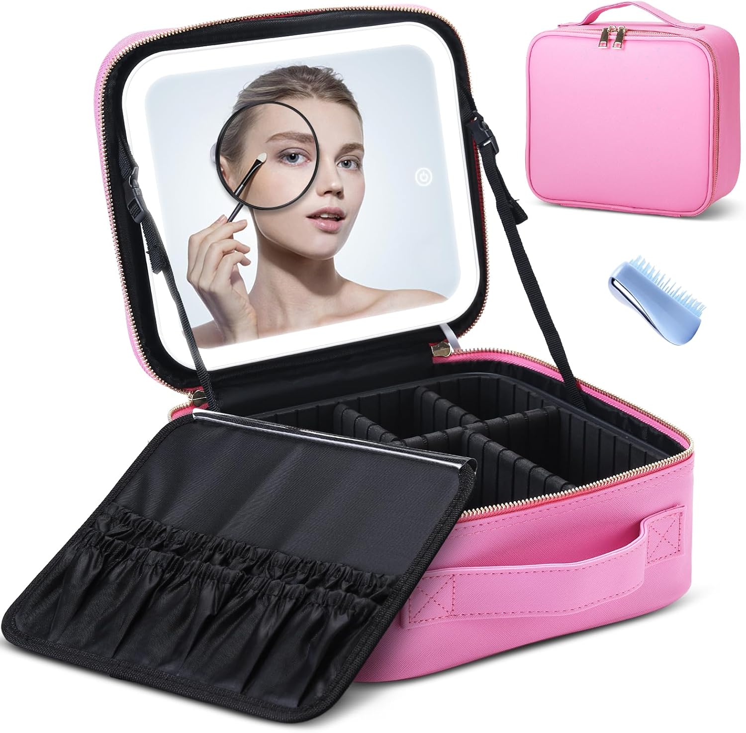 Travel Makeup Bag with Light Up Mirror, Large Makeup Train