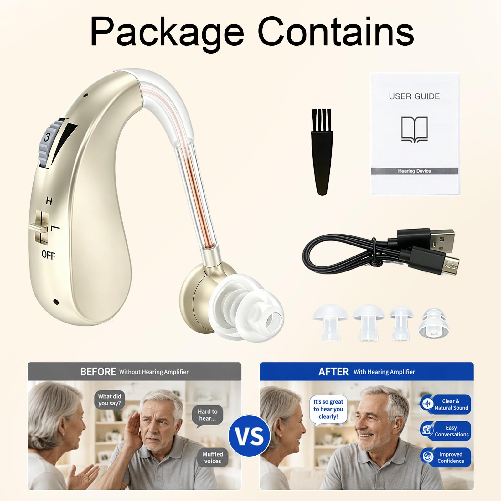 Dispositivo de sonido recargable para personas mayores y adultos, dispositivo de audio con 40 horas de reproducción, se adapta al oído izquierdo o derecho, 2 modos de audio, 4 niveles de volumen