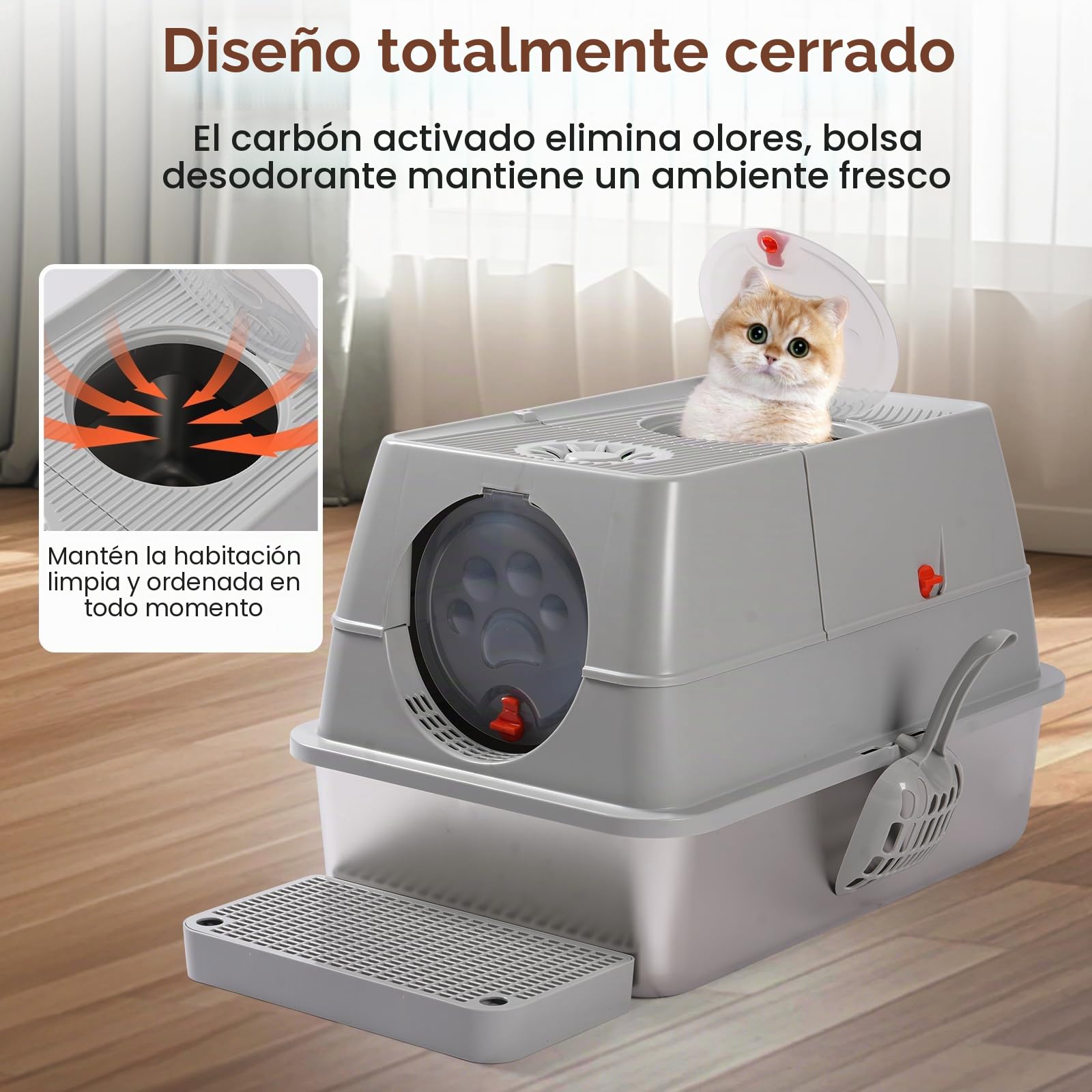Arenero para gatos de acero inoxidable - Cubierto, adecuado para gatos pequeños, medianos y grandes, fácil de limpiar, control de olores, superficie antiadherente, extraíble, tapa abatible de 180°