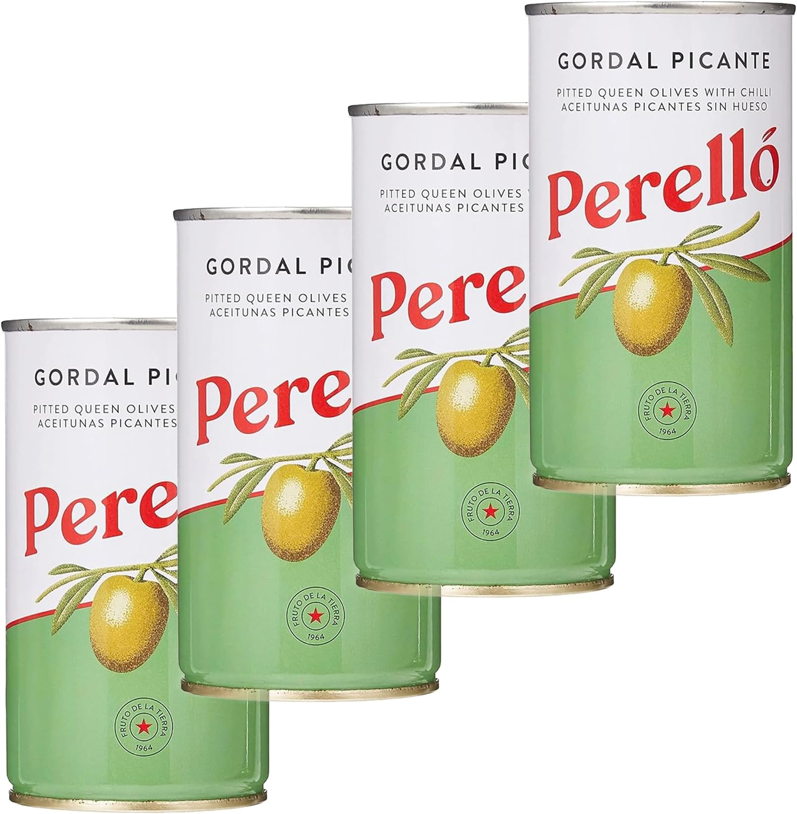 Gordal Picante Pitted Olives - 350g (150g Drained), Pack of 4, Spanish Green Olives - Spicy Gordal Olives, Perello Olives, Tinned Olives Pitted