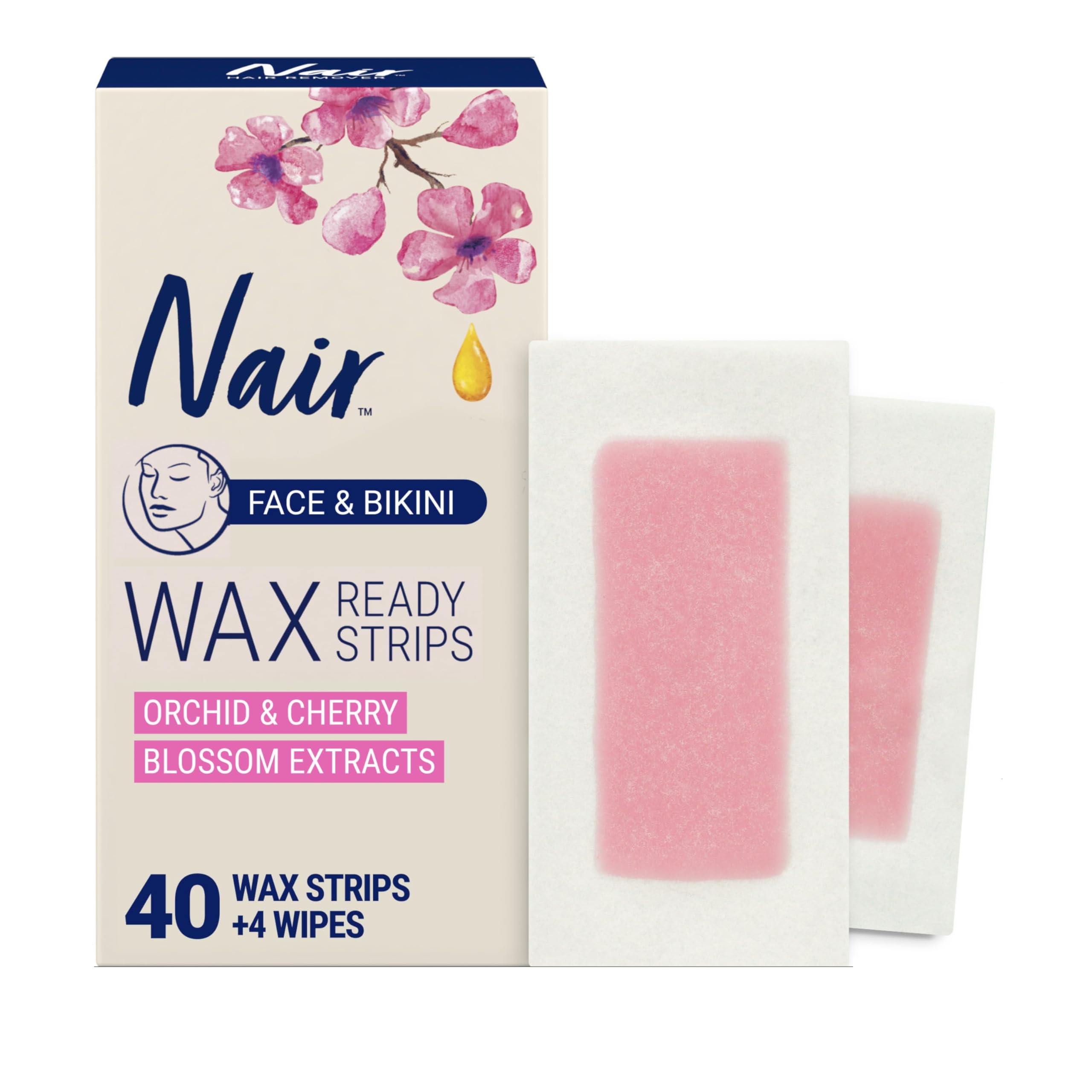 Nair Hair Remover Wax Ready Strips, Face and Bikini Hair Removal Wax Strips, Orchid and Cherry Blossom Extracts, Dermatologist Tested, Plus 4 Non-Flushable Post Wipes, 40 Count