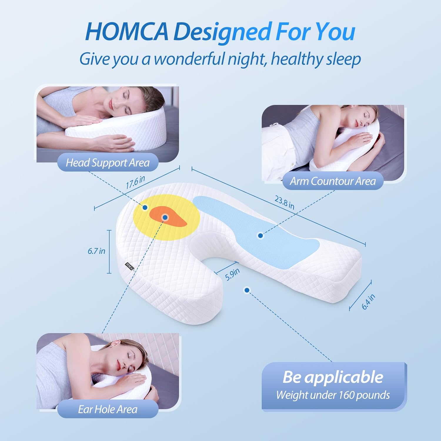 HOMCA Pillow for Side Sleeper Body Pillow for Adults Memory Foam Pillow with U-Shaped Contoured Support for Neck, Back, and Shoulder Pain Relief with Removable Washable Cover (Upgraded Version) : Home & Kitchen