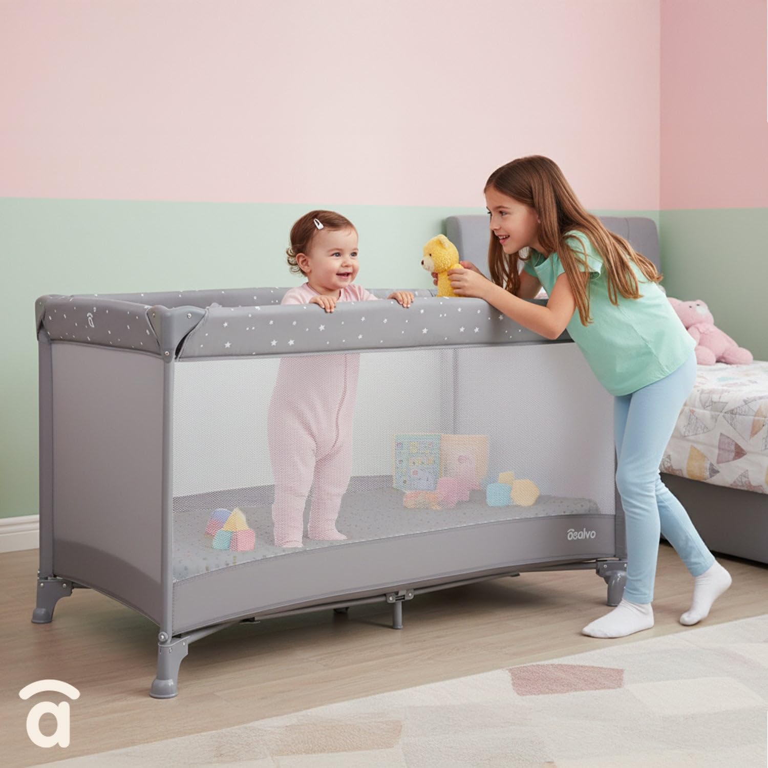 Asalvo Cuna de Viaje Bebé Plegable 0-3 Años (15 kg) | Cuna Portátil con Colchón, Bolsa y Ruedas con Freno | Parque Infantil Compacto Fácil de Transportar | Baleares (Gris)