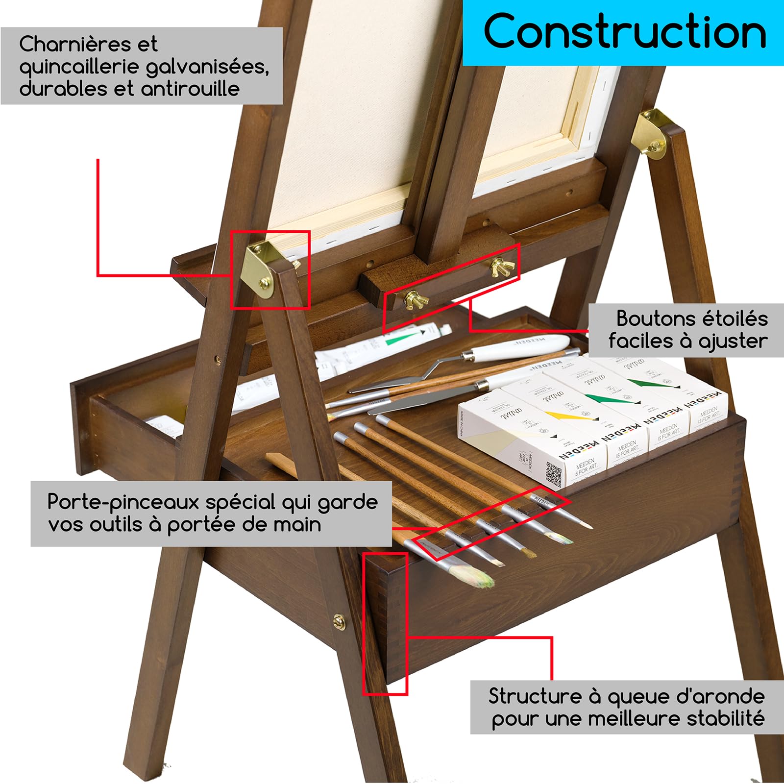 MEEDEN Chevalet de Peinture en Bois avec Tiroir de Rangement : Chevalet de Studio en H Réglable en Hêtre, Grand Support de Peinture Pliable – Adapté aux Toiles jusqu'à 91 cm, Noyer clair