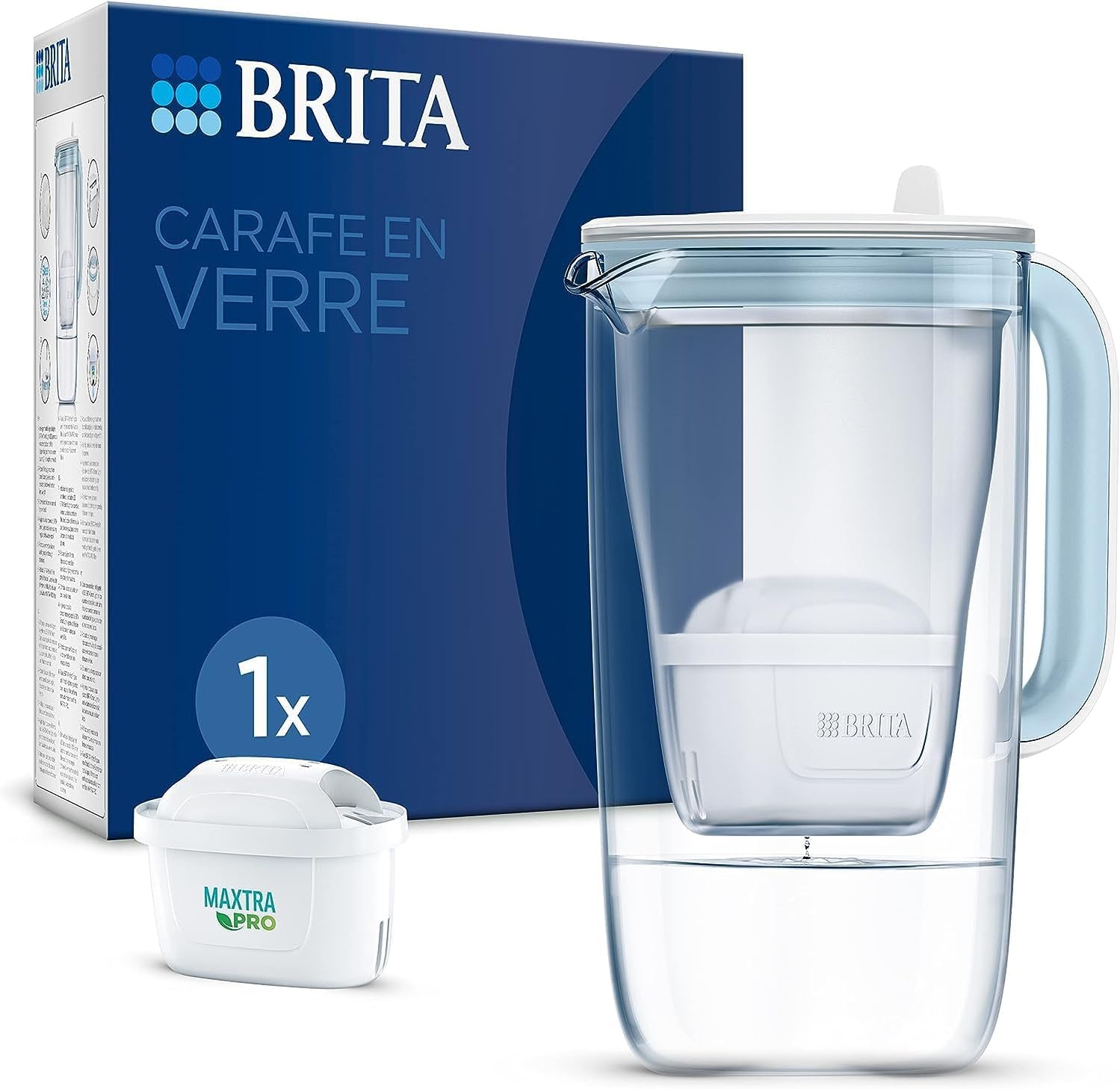 BRITA Carafe Filtrante Verre Bleue (2,5l) incl. 1 cartouche filtre eau robinet MAXTRA PRO All-in-1 & Cartouche Filtre Eau Robinet MAXTRA PRO Expert anti-tartre - Pack de 6