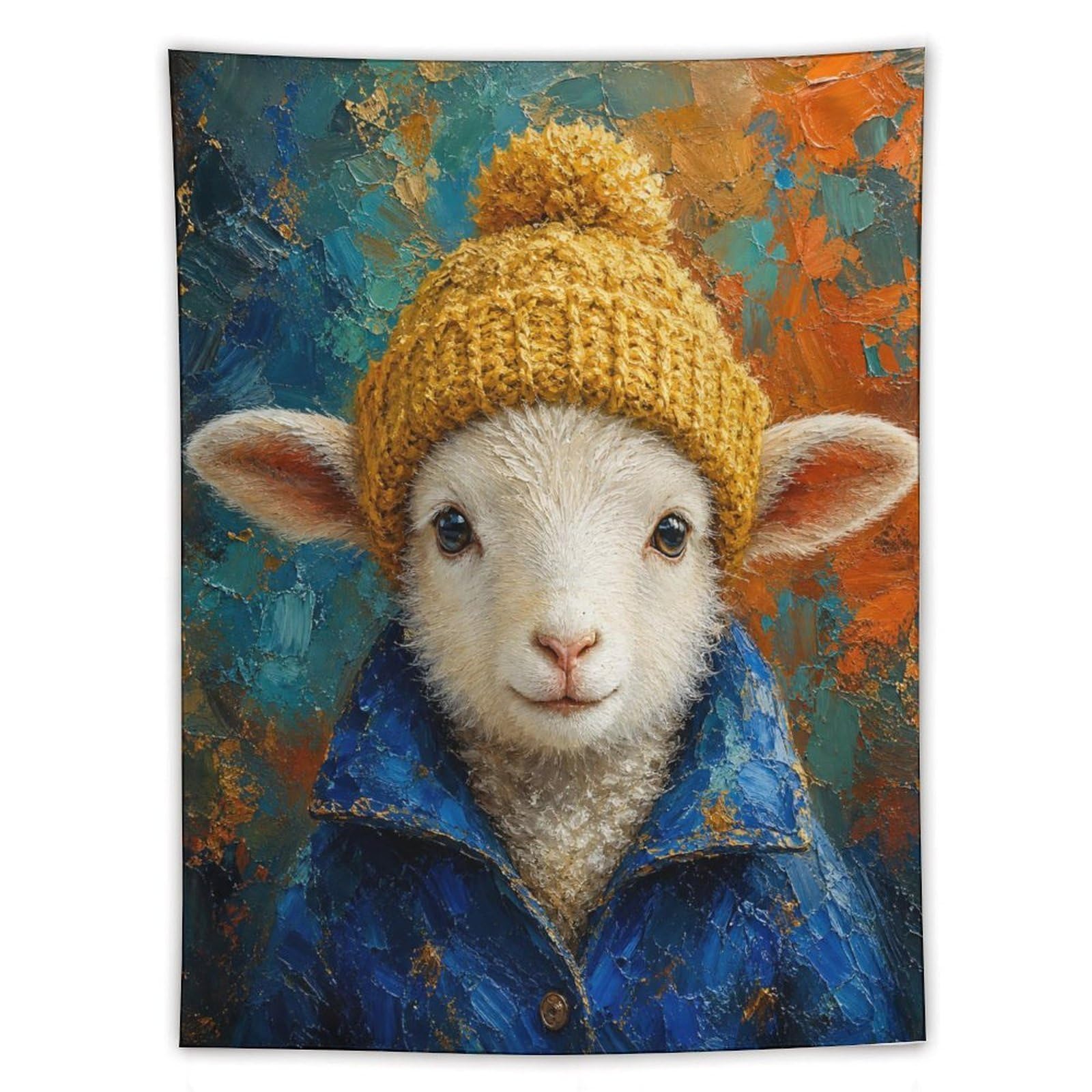 W7C8U2X3 Lamb Winter Hat Blue Coat Wall Tapestry, Soft Snow Mood