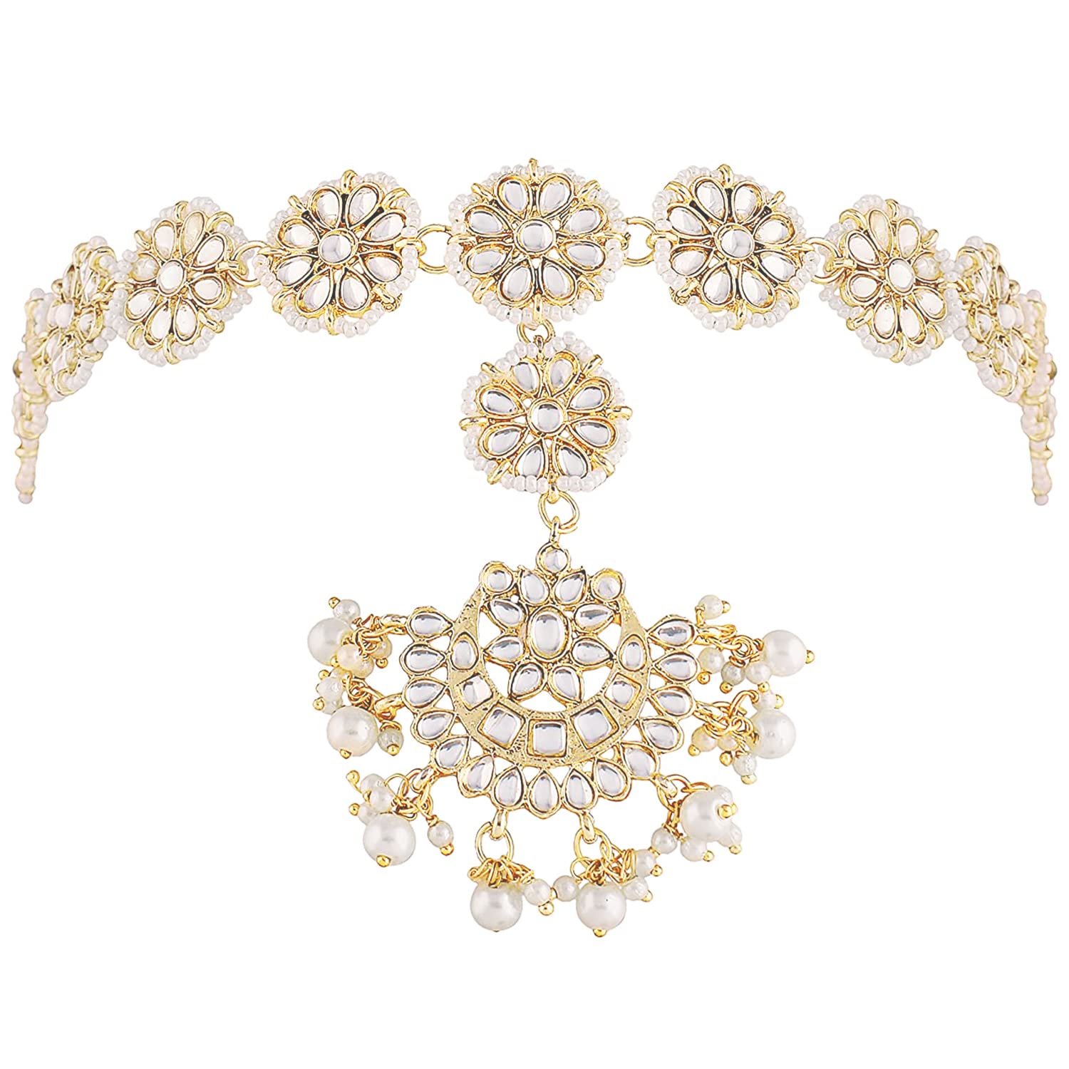 AheliGold Plated Traditional White Kundan Pearl Maang Tikka Matha Patti Gift for Women