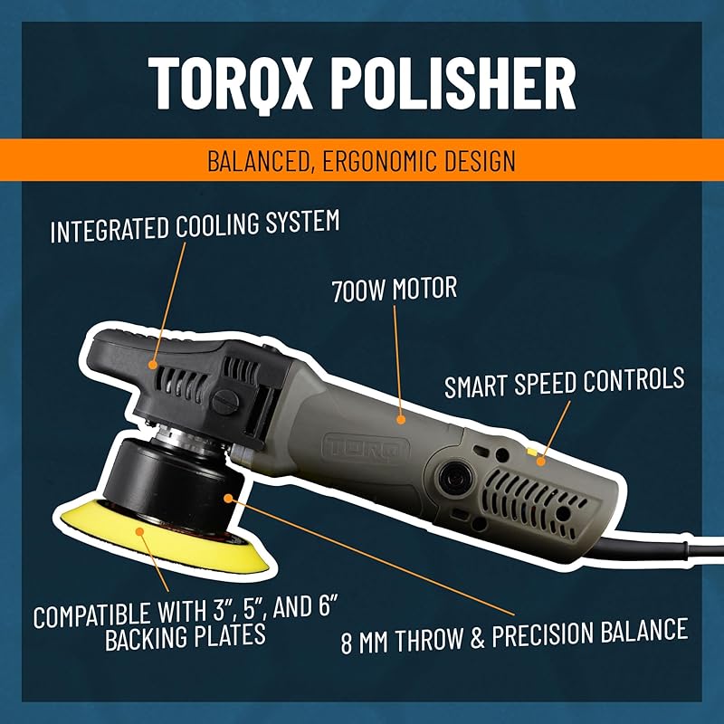 Chemical Guys TORQX Random Orbital Polisher, Pads, Polishes, and Compounds Kit - Car Polishing Kit Safe for Trucks, SUVs, Motorcycles, and More, 700W Motor, 8mm Orbit, 9-Piece Set 9 ITEM KIT