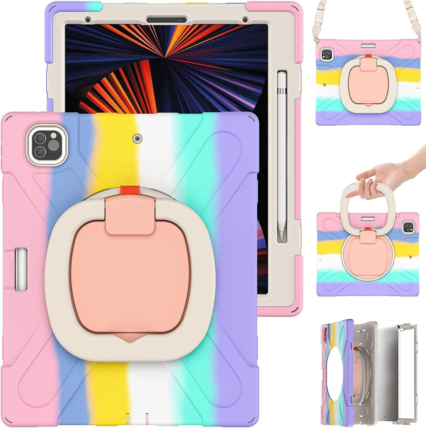 for iPad Air 13 2025(M3)/2024(M2) Case,Heavy Sturdy Shockproof Kids Case,Rotating Stand/Pencil Holder/Carrying Strap,Aslo for iPad Pro 12.9 inch (Colourful Pink)