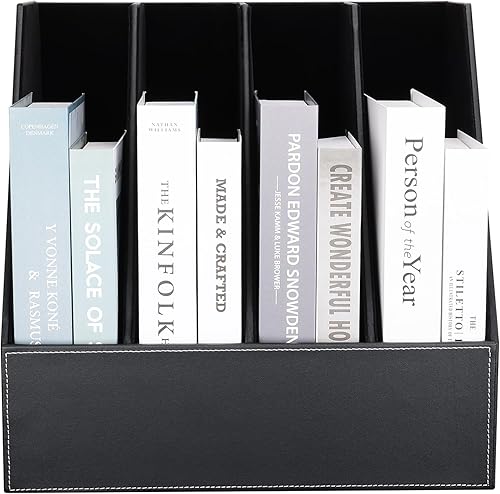 Miniatura 5 de KINGFOM Soporte para archivos de documentos de cuero de madera con 4 ranuras, soporte para archivos, organizador de archivos de escritorio, gabinete