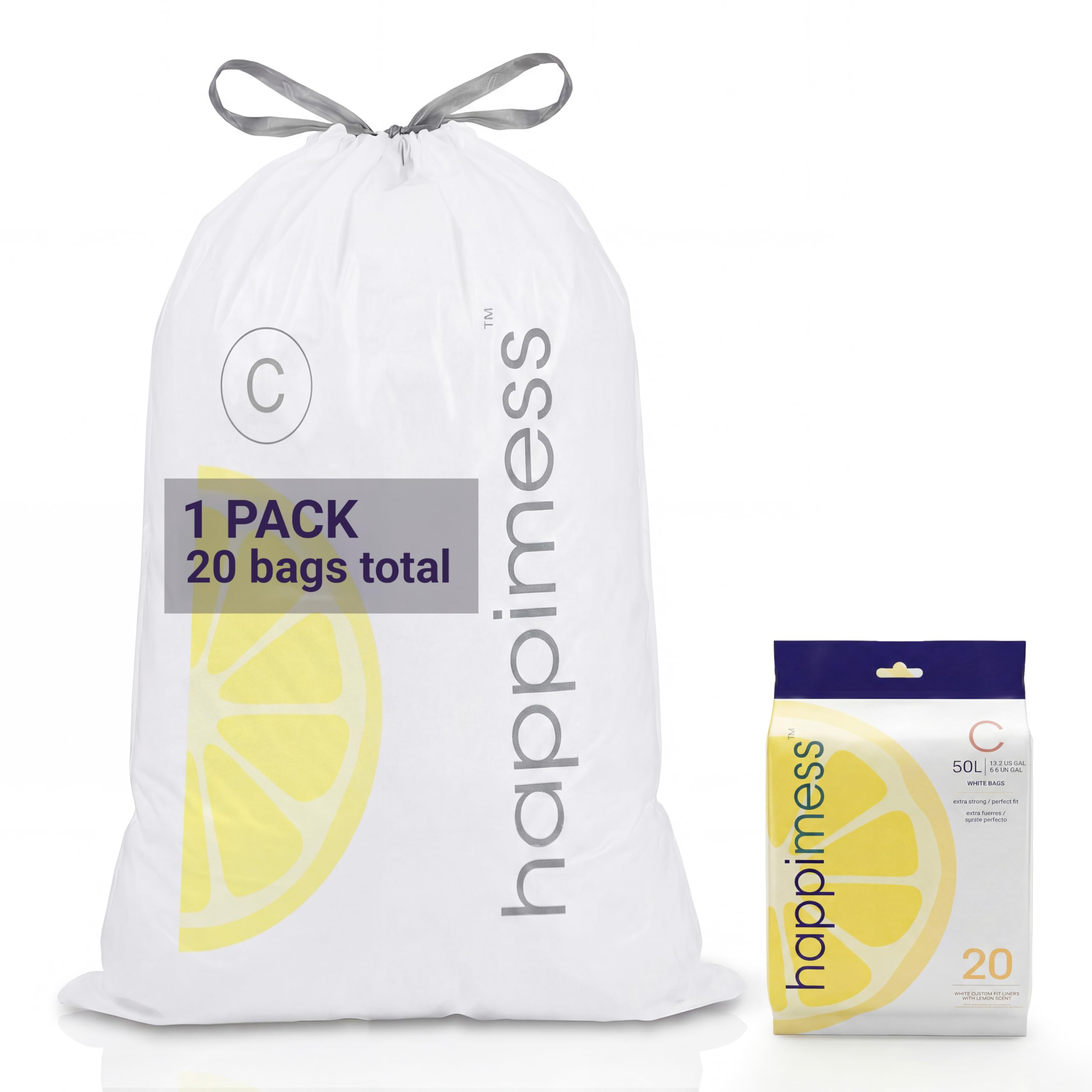 happimess White (Lemon Scented) / 20 Count (Pack of 1) / 13.2 gallons Trash Bags