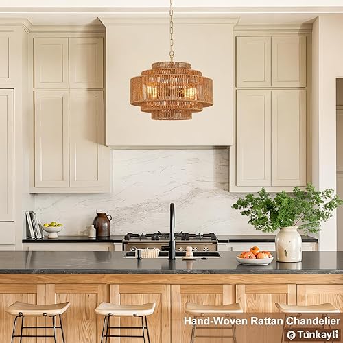 Miniatura 6 de Candelabro de Ratán Tejido a Mano para Comedor Candelabro Bohemio de 20 Pulgadas Candelabros de Bambú Estilo Granja 4 Luces Lámparas Vintage Oro