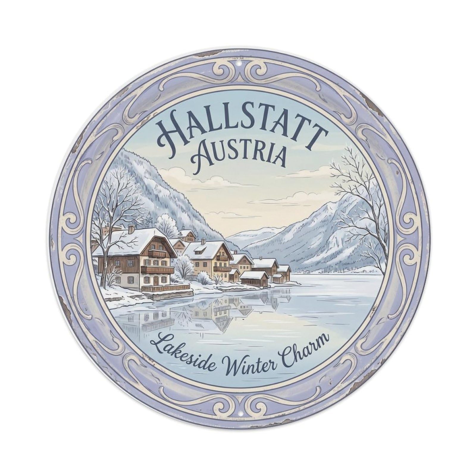 Vintage Travel Hallstatt Austria Snowy Metal Tin Sign