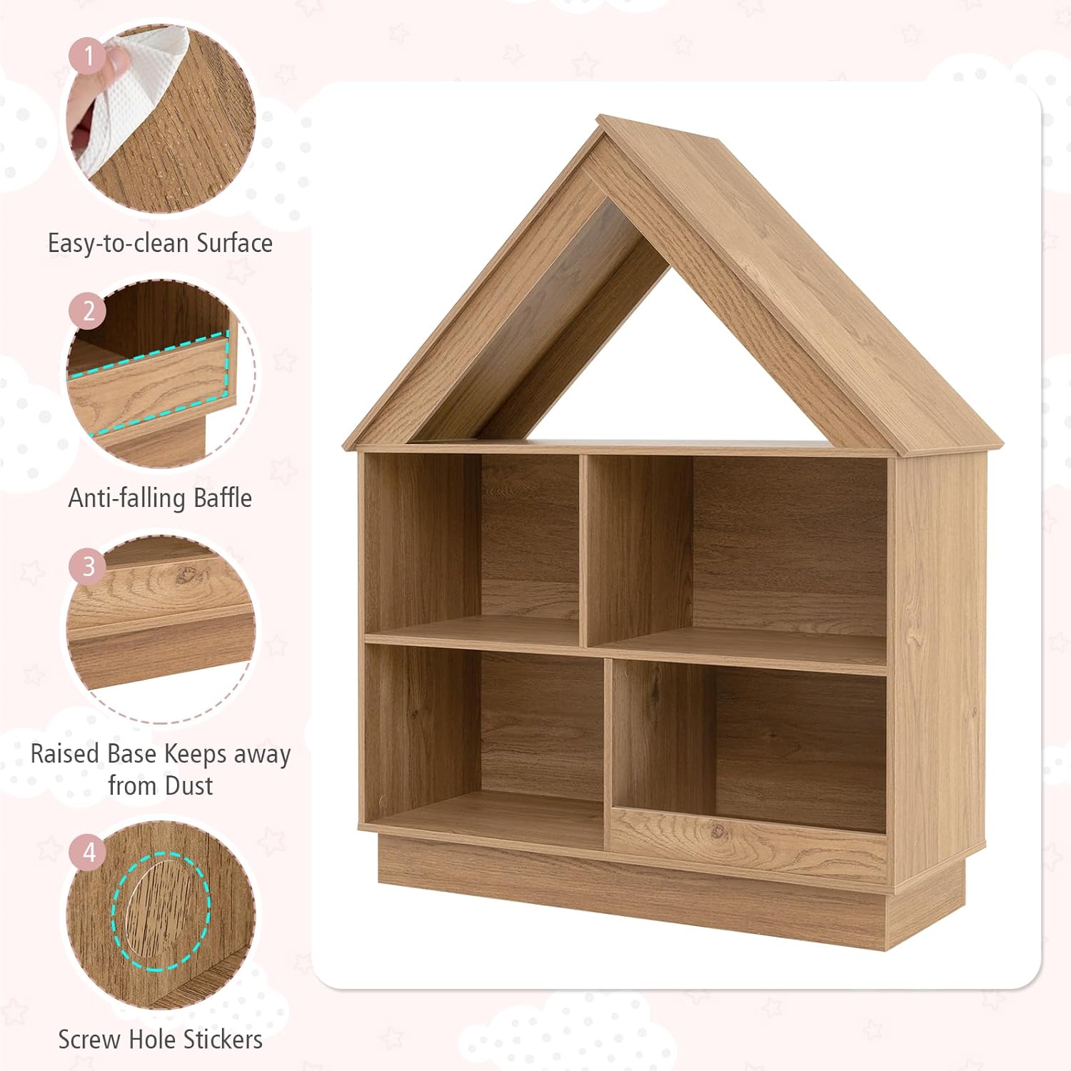 Costzon Kids Dollhouse Bookshelf, 3-Tier Wooden Open Bookcase for Toys and Books, Baby Bookshelf and Toy Storage Organizer, Book Shelf for Kids Rooms, Playroom, Nursery, Classroom (Natural)