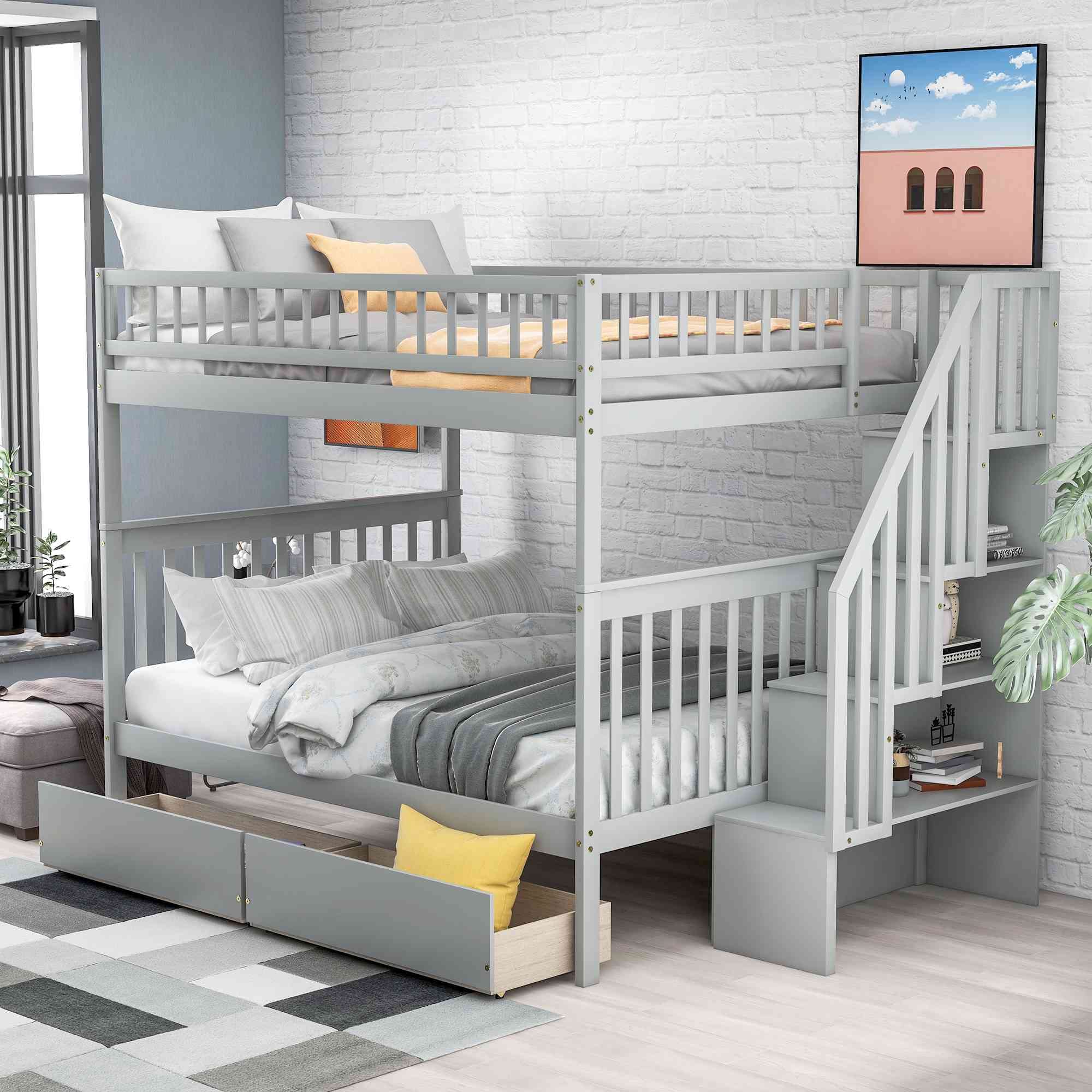 CotoalaFull Over Full Bunk Bed with Two Drawers and Storage Staircase, Wood Bedroom Bedfram w/Safety Guard Rails for Teens/Adults/4 Kids, No Box Spring Required