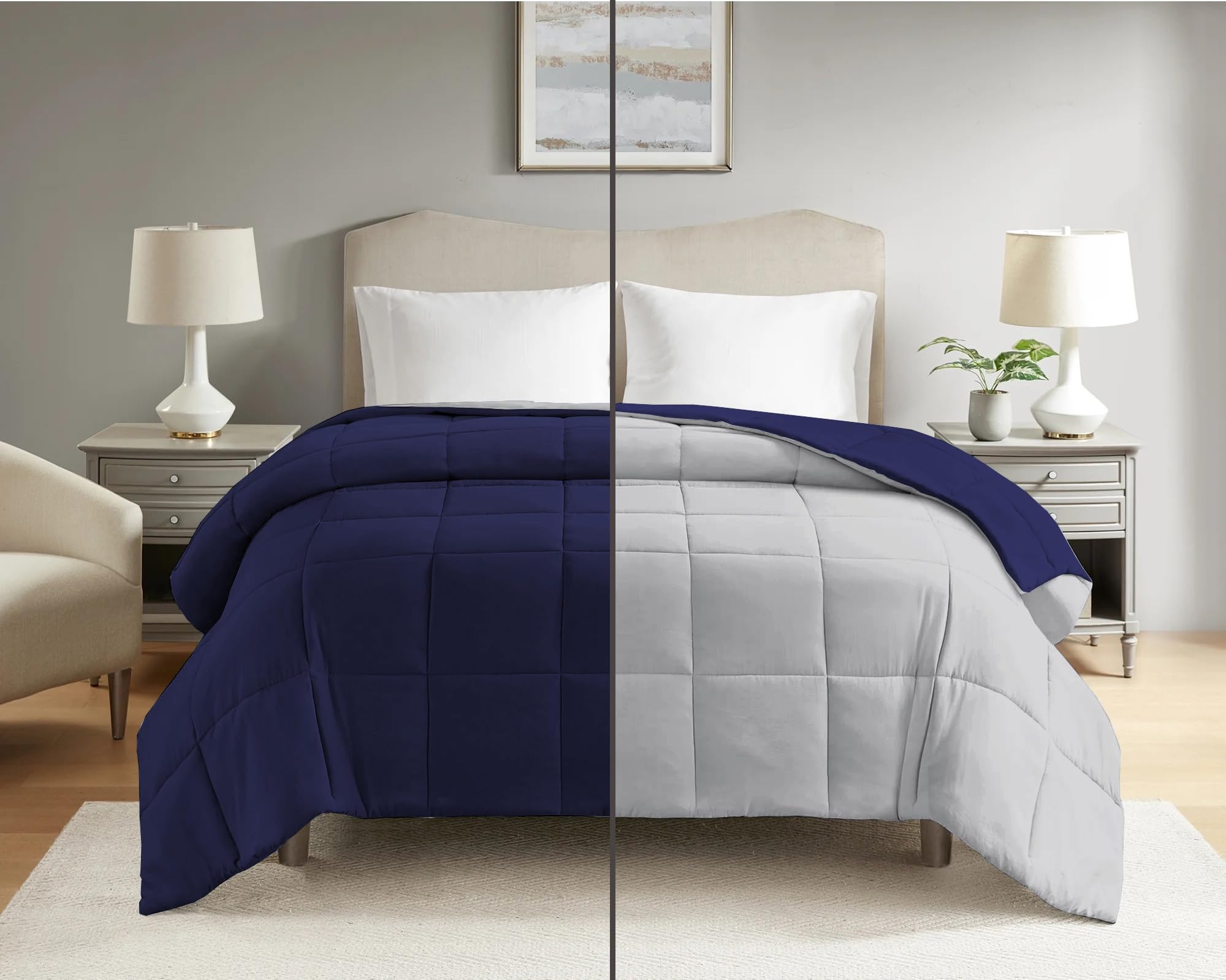 200 GSM All Season Comforter/Duvet/Blanket Double Bed Comforter Lightweight Soft & Smooth Microfiber (90" X100" Inches) - Double Bed Comforter - Navy Blue/Silver Grey Color