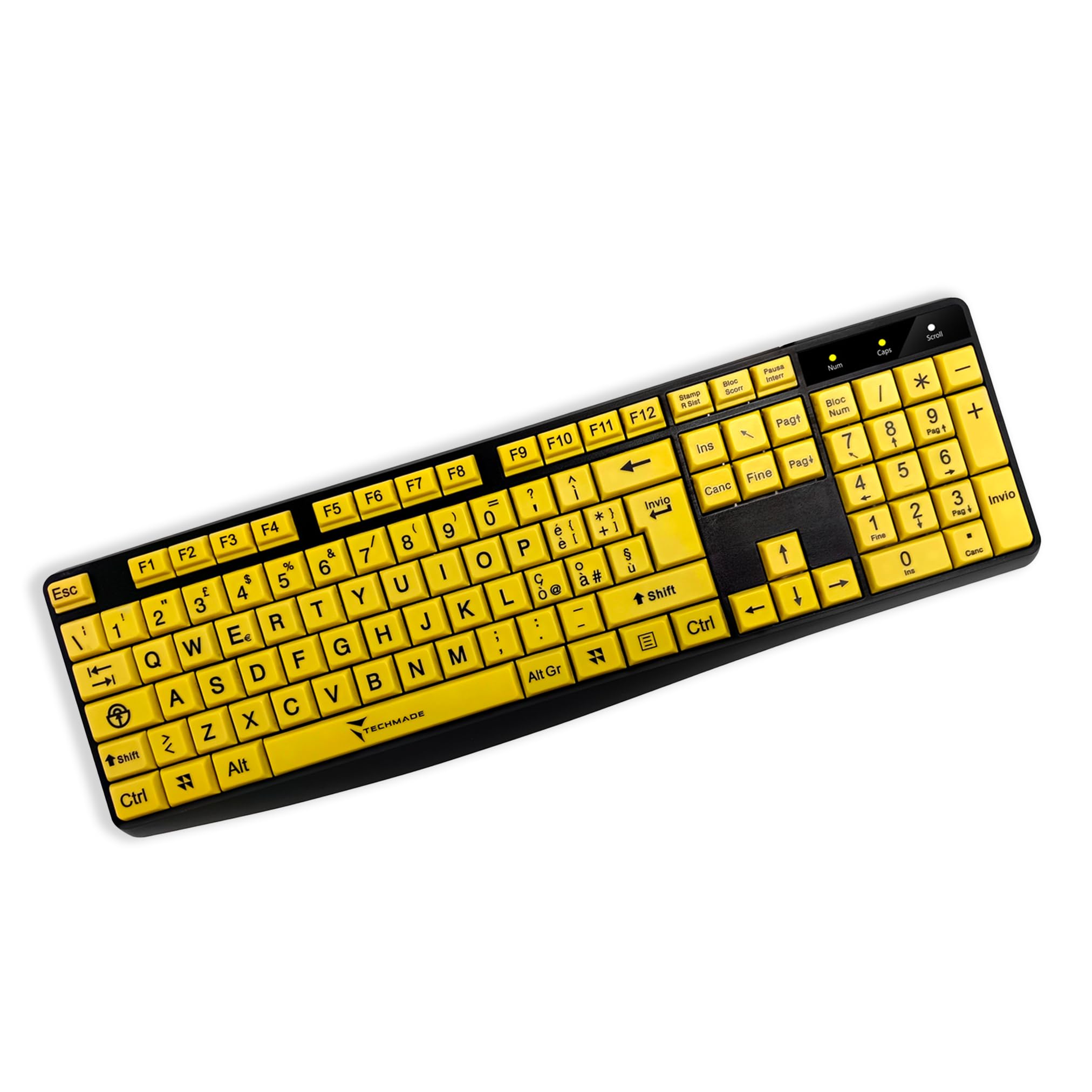 TECHMADE Tastiera per computer con filo per non vedenti (con lettere grandi), USB 2.0 ad alto contrasto con lettere di stampa sovradimensionate su sfondo giallo per persone ipovedenti e anziane