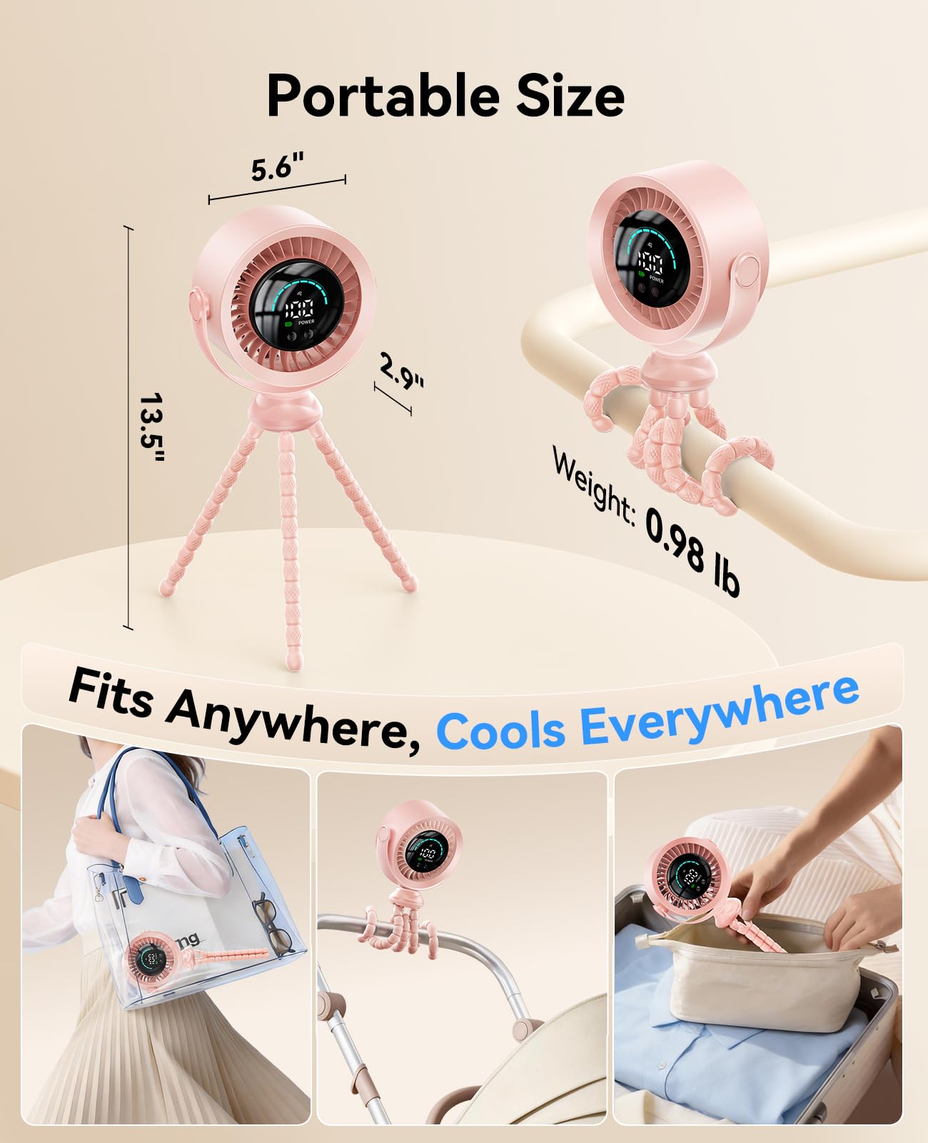 KIMMOO Ventilateur de poussette portable 3 en 1 rechargeable pour poussette avec 100 vitesses, flux d'air turbo, ventilateur réglable à 360 °, silencieux et sûr à clipser pour berceau, siège de