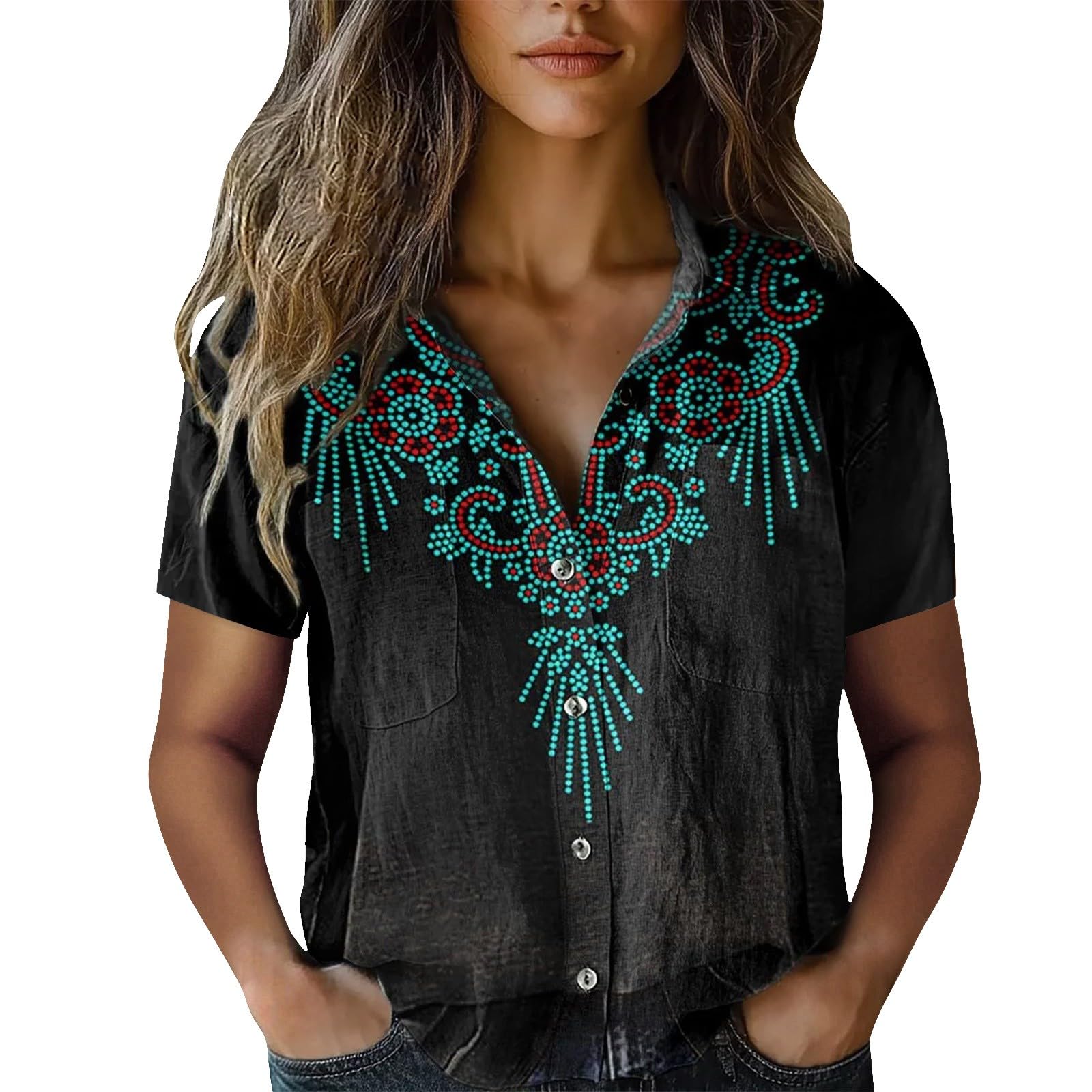 Camicetta Casual Elegante con Scollo A V Camicia da Donna in Cotone Stampa, alla, Casual, Maniche Corte Maglia Maglietta Bianca Camicie Nera Blusa Manica Corta Estiva Lino Cravatta