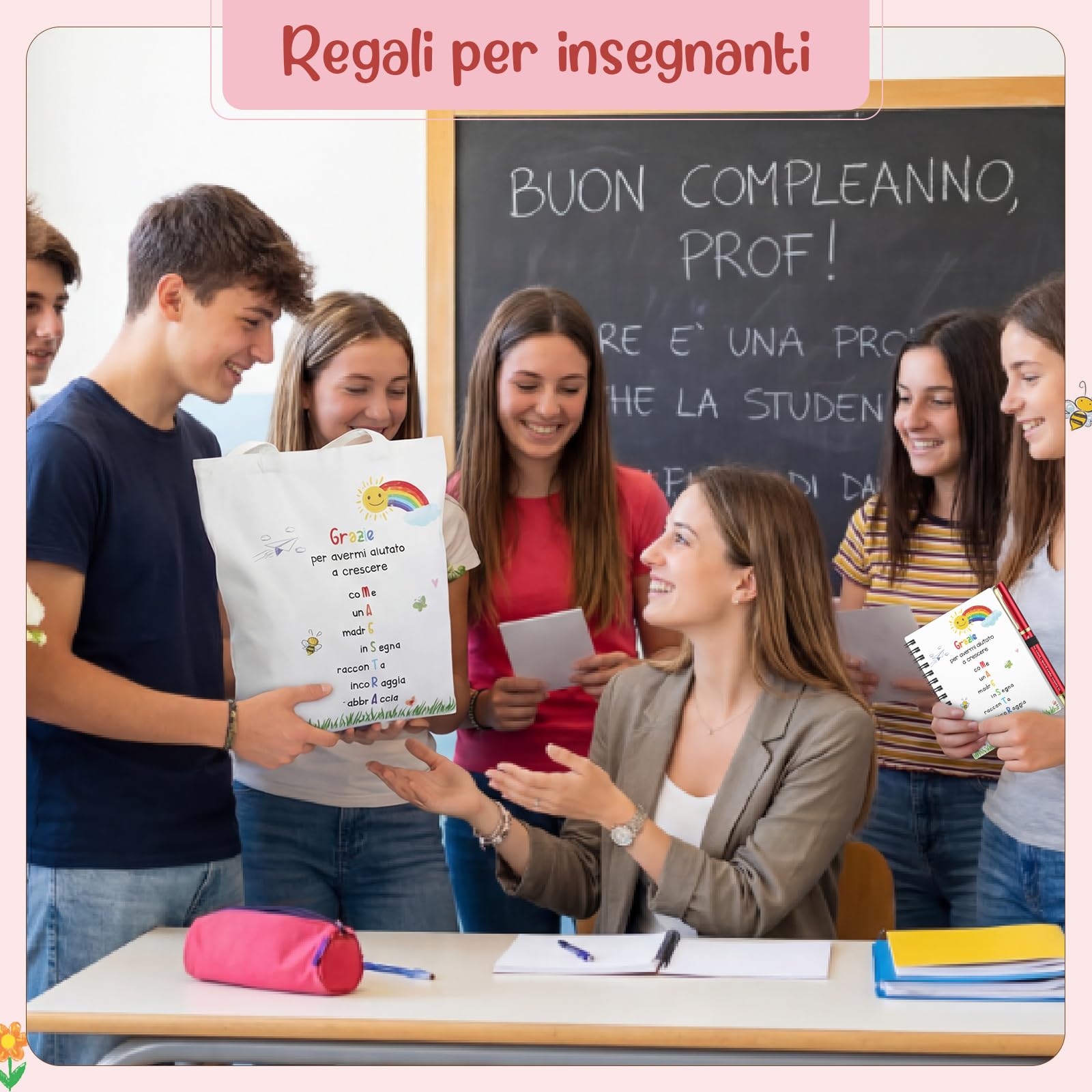 Hestya 5 Pezzi Regalo di Ringraziamento per Insegnante Include Borsa a Tracolla Blocco Note a Spiralato Portatile Portachiavi Segnalibri Penne a Sfera Regalo Maestre Fine Anno