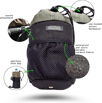 PACK2RIDE Bongo Handlebar Bikepacking Bike Bag - Waterproof Fabric - Large Volume - Watercolor with Mesh Pocket - Suitable for Mountain, City, Tour, Road, Gravel Bikes - Good Quality - Stylish - Functional - 2.4L Black