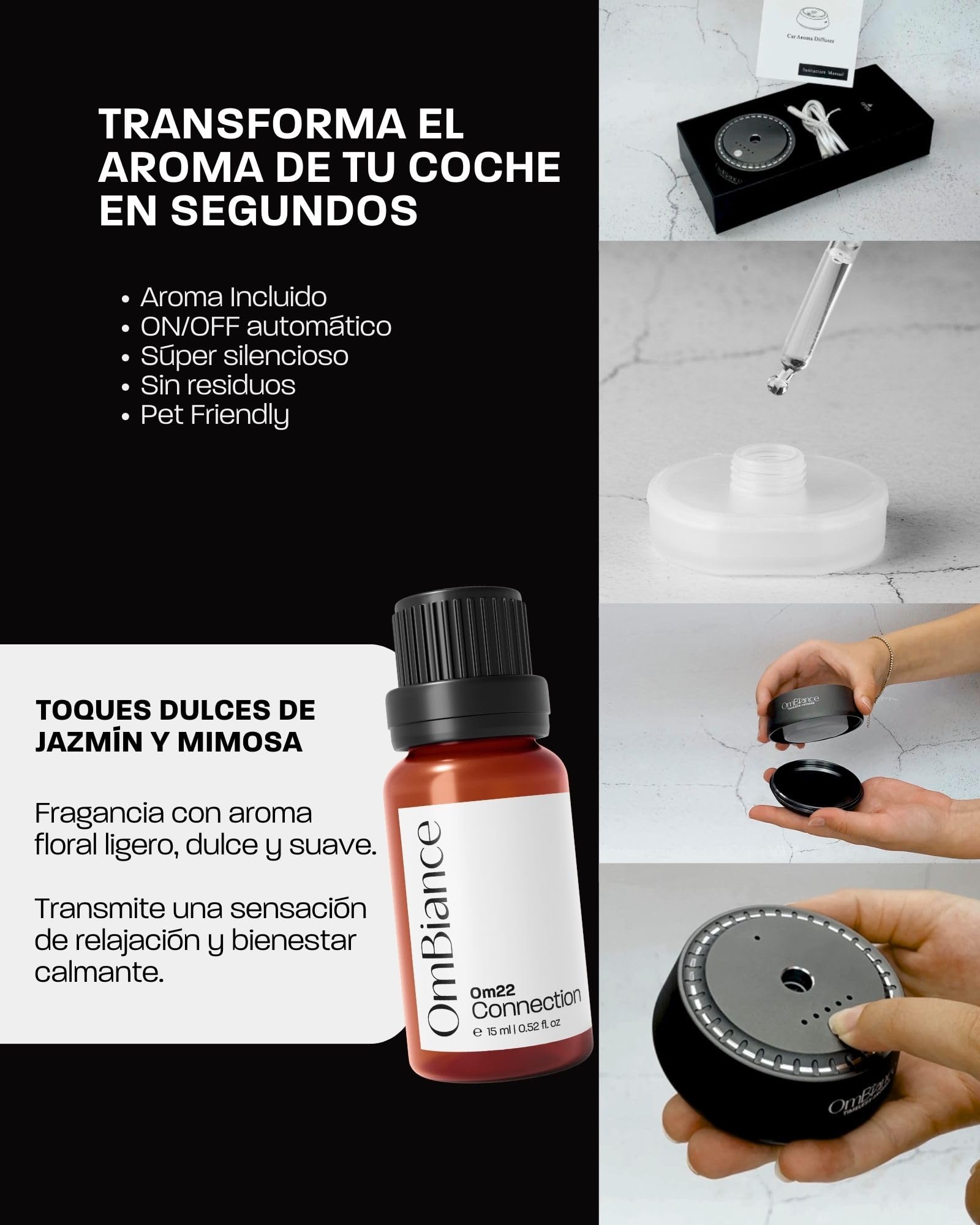 Ambientador Coche | Difusor de Aceites Esenciales, ON/OFF Automático, Accesorios Coche Fragancia Incluida | Eliminador de Olores Coche 6X más Beneficios Aromaterapia (Om22 | Connection)