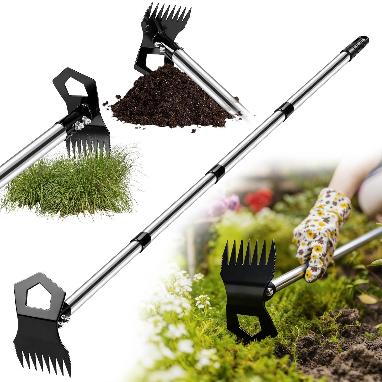 Weed Puller Tool with Long Handle, 2 in 1 Garden Hoe & Weeding Rake, Heavy Duty Weed Remover for Garden, Lawn & Flower Beds