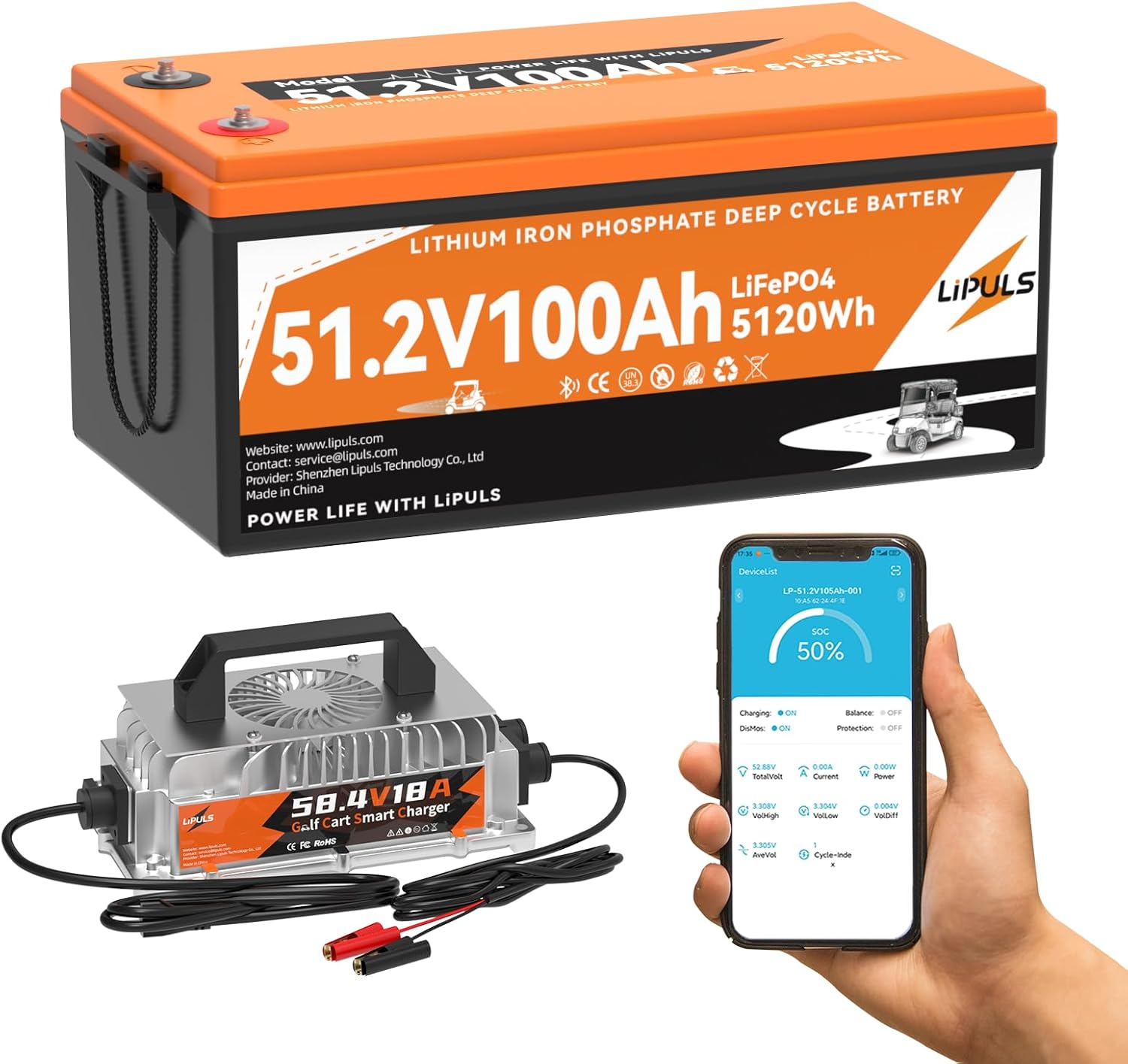 48V 100Ah Lithium Golf Cart Battery with 58.4V 18A Battery Charger, 51.2V 100Ah LiFePO4 Battery with Smart 200A BMS, Up to 15000+ Cycles, 10.24kW Power Output for Golf Carts, LSV, NEV, ATV