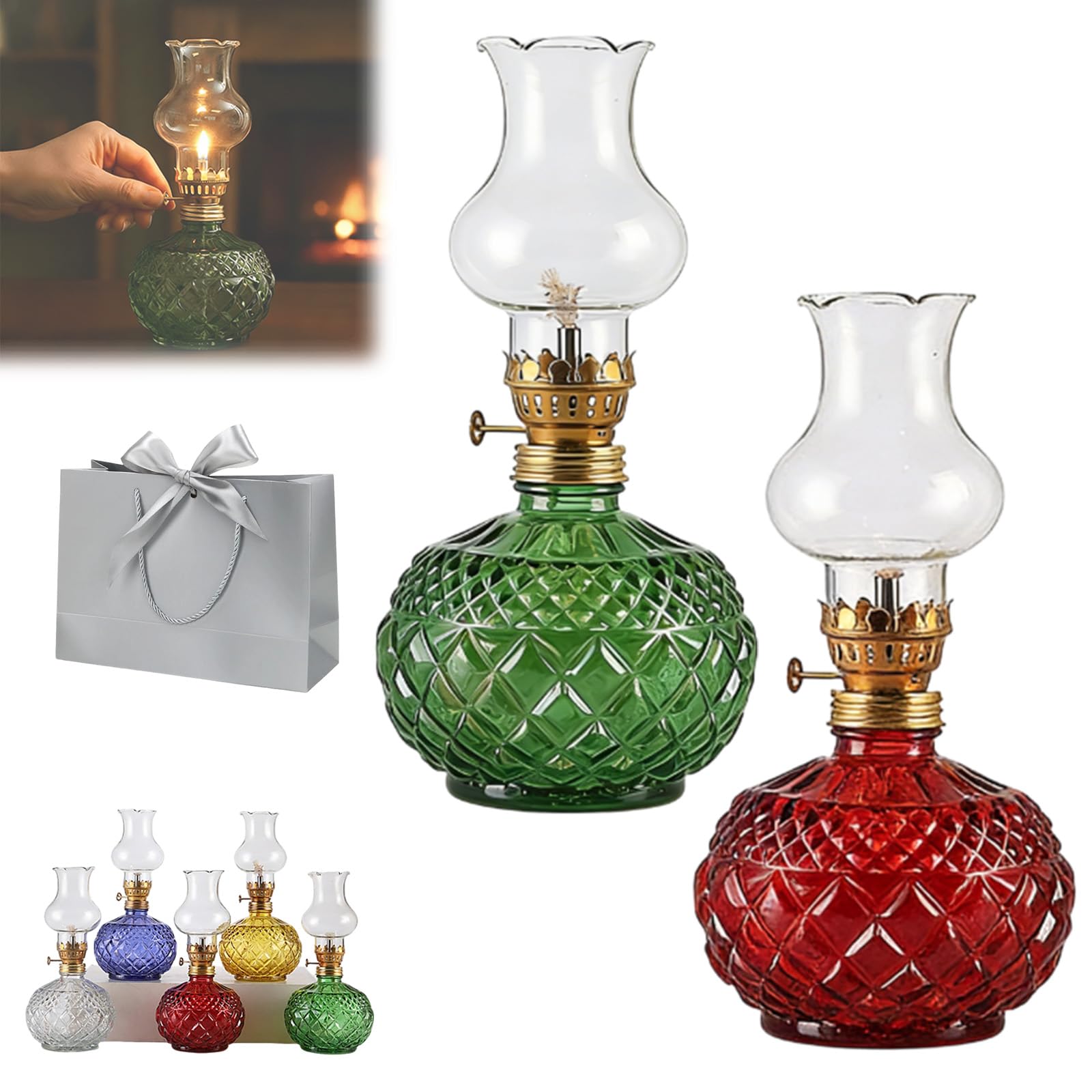Vintage Style Oil Lamp with Glass Candle Holder, Retro Glass Clear Kerosene Lamp Lantern, Crystal Decorative Lamps for Weddings & Housewarming, Windproof, Elegant Retro Design (B-1)
