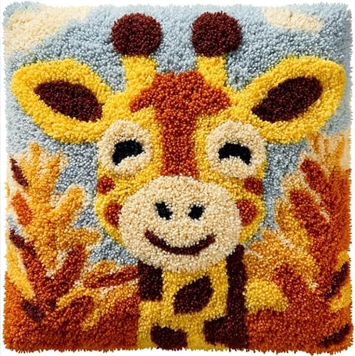 Taxpy Latch Hook Cushion Kits Giraffe Pillowcase Kits Embroidery Kit 17X17 Inch DIY Needlework Pillow Cover Sofa Cushion Rug Making