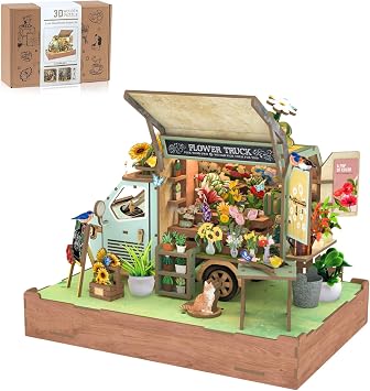 DIY Miniature House Kit Flower Cart, DIY Miniature Dollhouse Kit with LED Light Music for Room Bookshelf Decor, Tiny House Crafts for Adults, Birthday for Men Women Teens