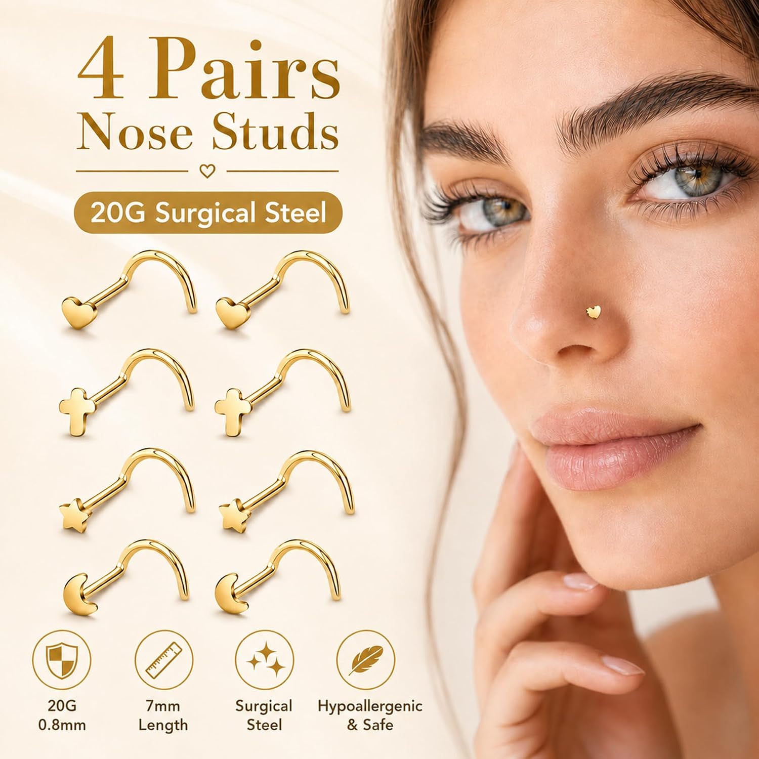 20G Surgical Steel Nose Studs for Women Men, L Shaped Nose Rings Studs 7mm Bar, CZ Heart Star Moon Cross Nose Piercing Jewelry, Gold Silver Nostril Studs Set