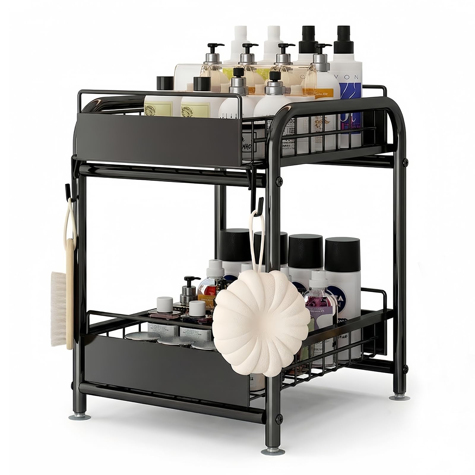 Undersink Rack, 2 Tiers, Metal Storage, Drawer, Seasoning Storage Rack, Slide-Type, 2 Tier Rack, Space Saving, Large Capacity, Easy Assembly, Simple, Under Basin, Bathroom Width: 12.6 inches Black