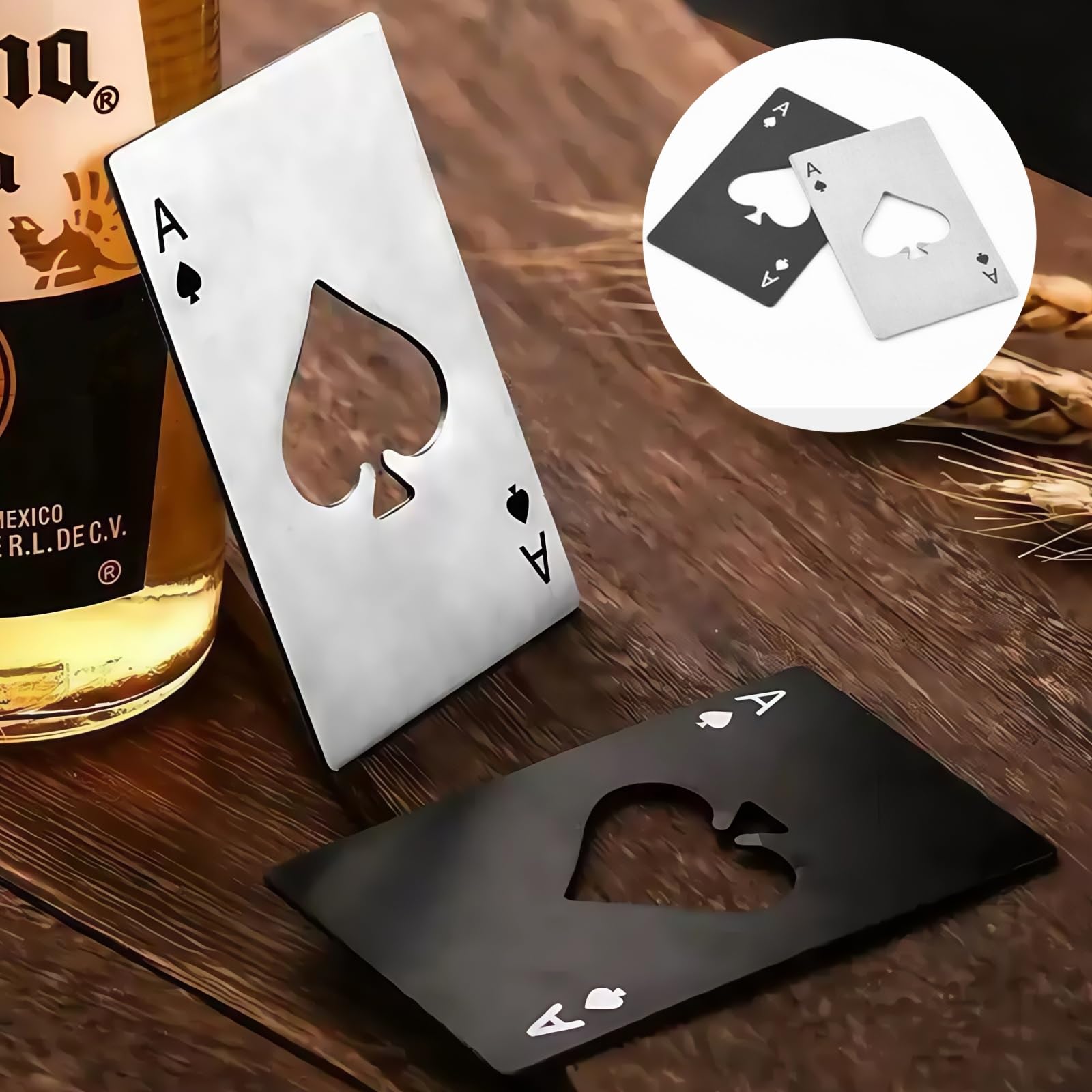 Otwieracze do butelek Ace of Spades, 20 szt. otwieraczy do butelek z kartami pokerowymi, (10 sztuk w kolorze czarnym i 10 sztuk w kolorze srebrnym), rozmiar karty kredytowej, otwieracz do butelek ze