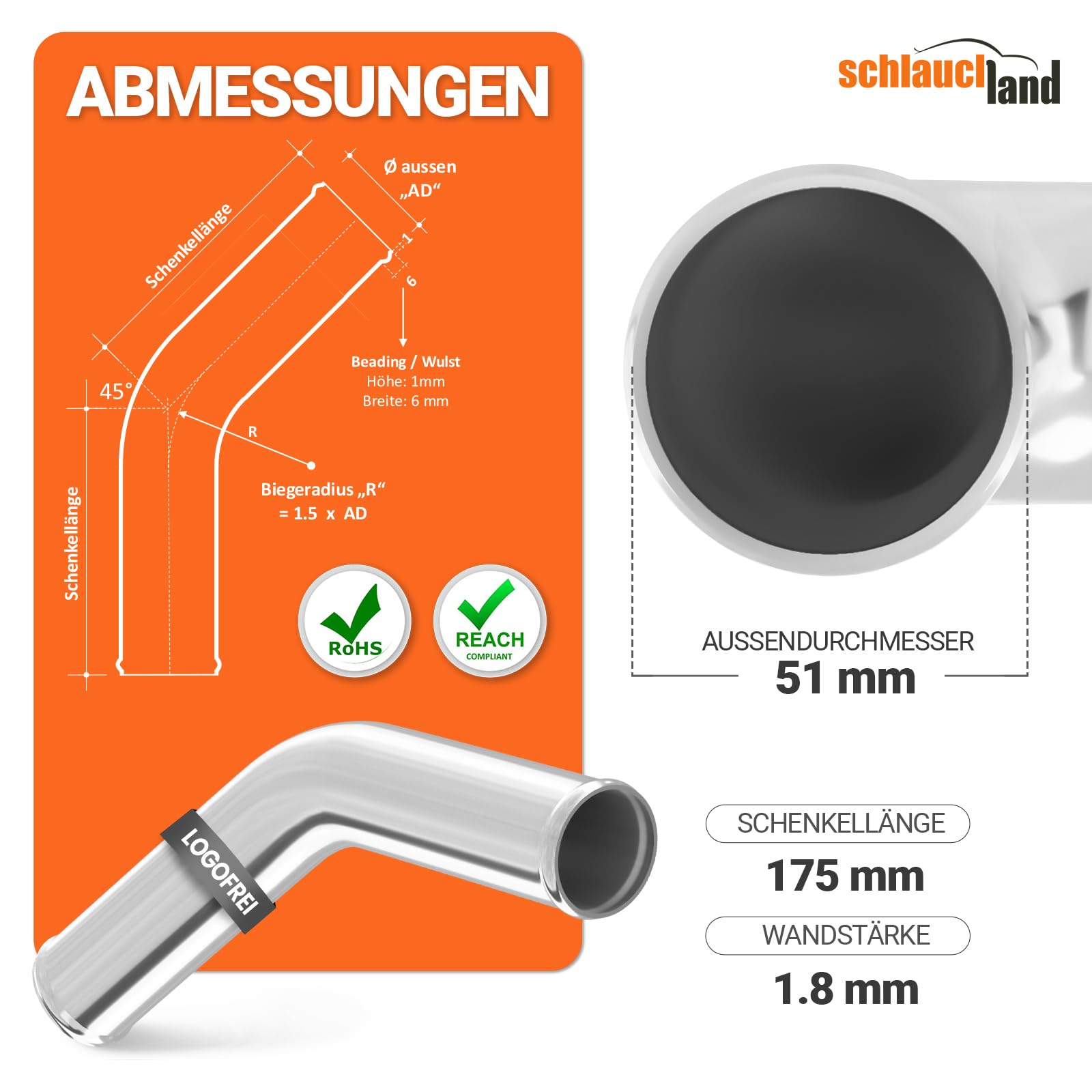 45° ALU-ROHRBOGEN AD-Ø 51mm Schwarz Alurohr poliert & gebördelt | AUSWAHL FARBEN & GRÖSSEN | Alu-Rohr-Bogen DIN EN T6063 Grad Aluminium Rohr Winkel Motor KFZ LLK Bogen Turbo Schlauch-Verbinder