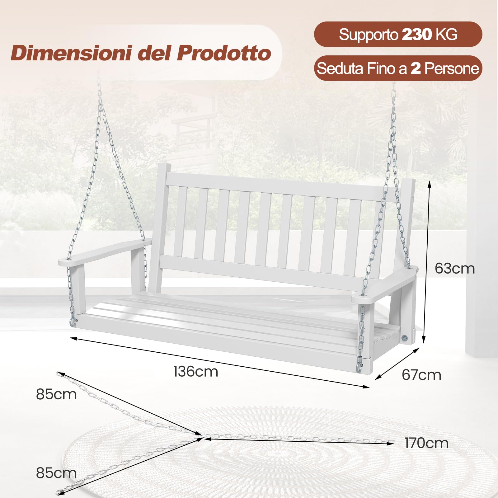 GYMAX Altalena da Giardino in Legno, con Schienale a Doghe, Sedile Curvo e Comodi Braccioli, Design Ergonomico per 2 Persone, Sedia a Dondolo con Capacità di Carico 230 kg (Bianco)
