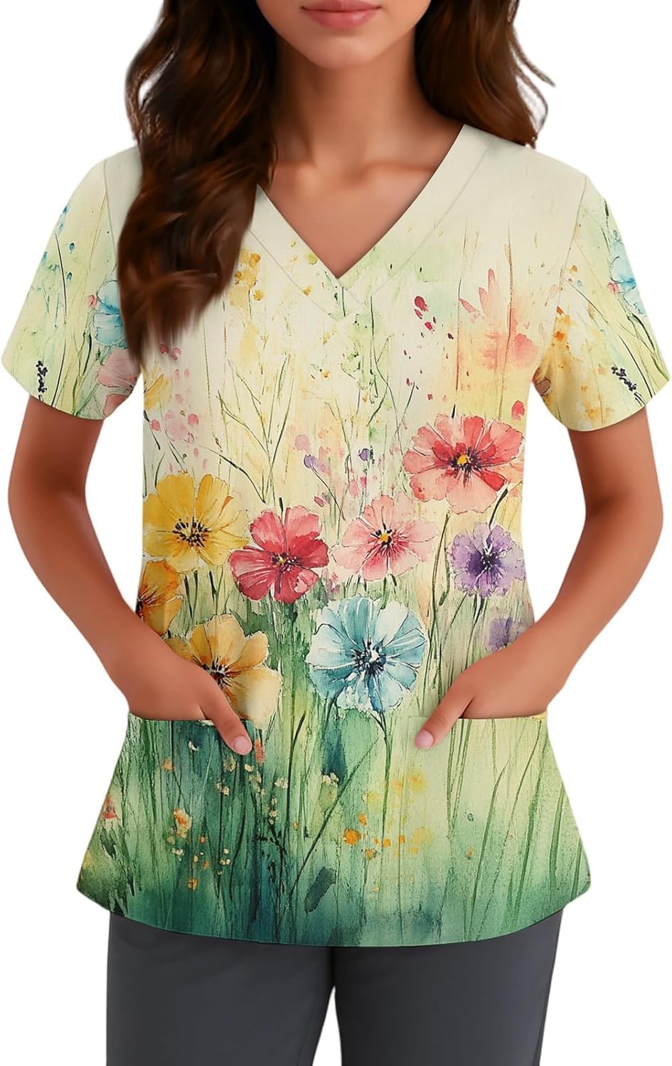 Scrubs for Women Floral Print V-Neck Short Sleeve Scrub Top Plus Size Nurse Shirt Soft Nurse Uniform with Pockets